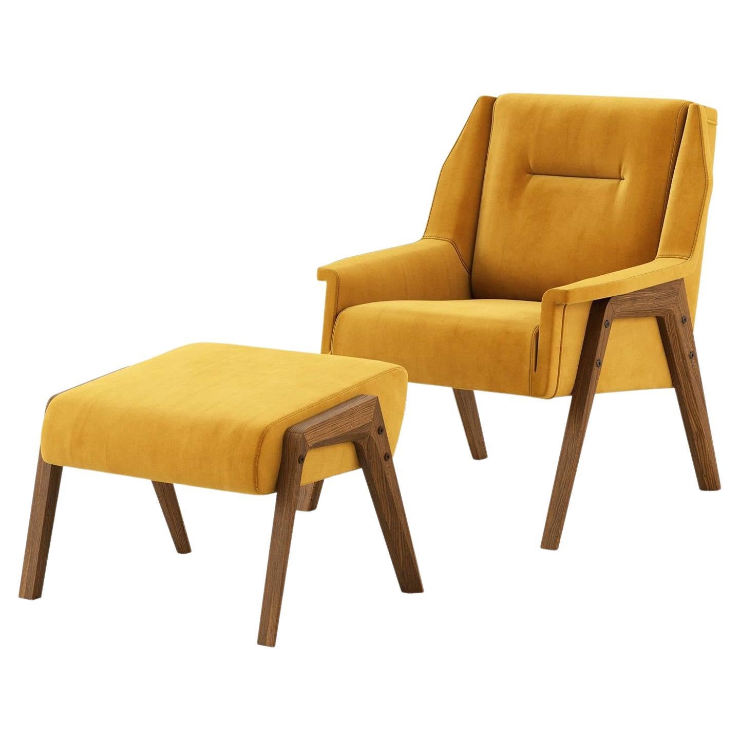 Fauteuil Wing avec pouf tapissé en velours personnalisé couleur velours