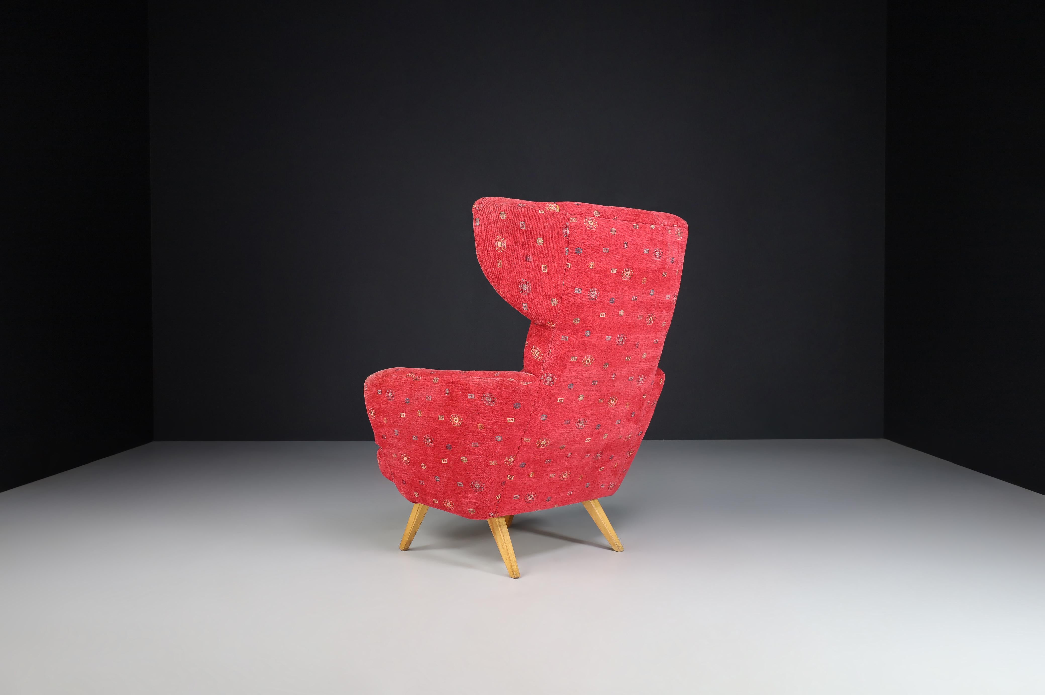 Mid-Century Modern Wing Back Lounge Chair in Red Upholstery, Praque 1950s   For Sale