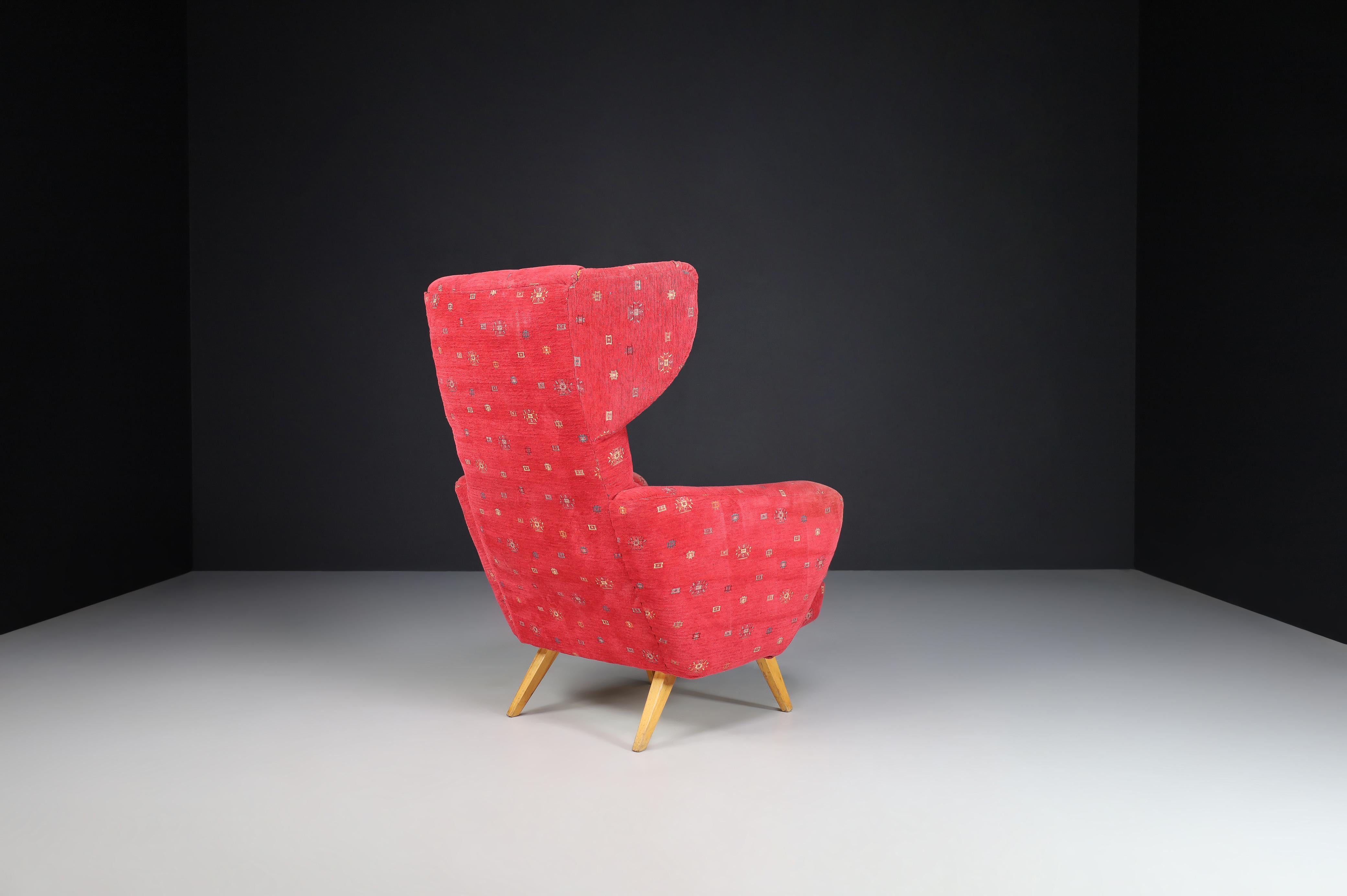Czech Wing Back Lounge Chair in Red Upholstery, Praque 1950s   For Sale