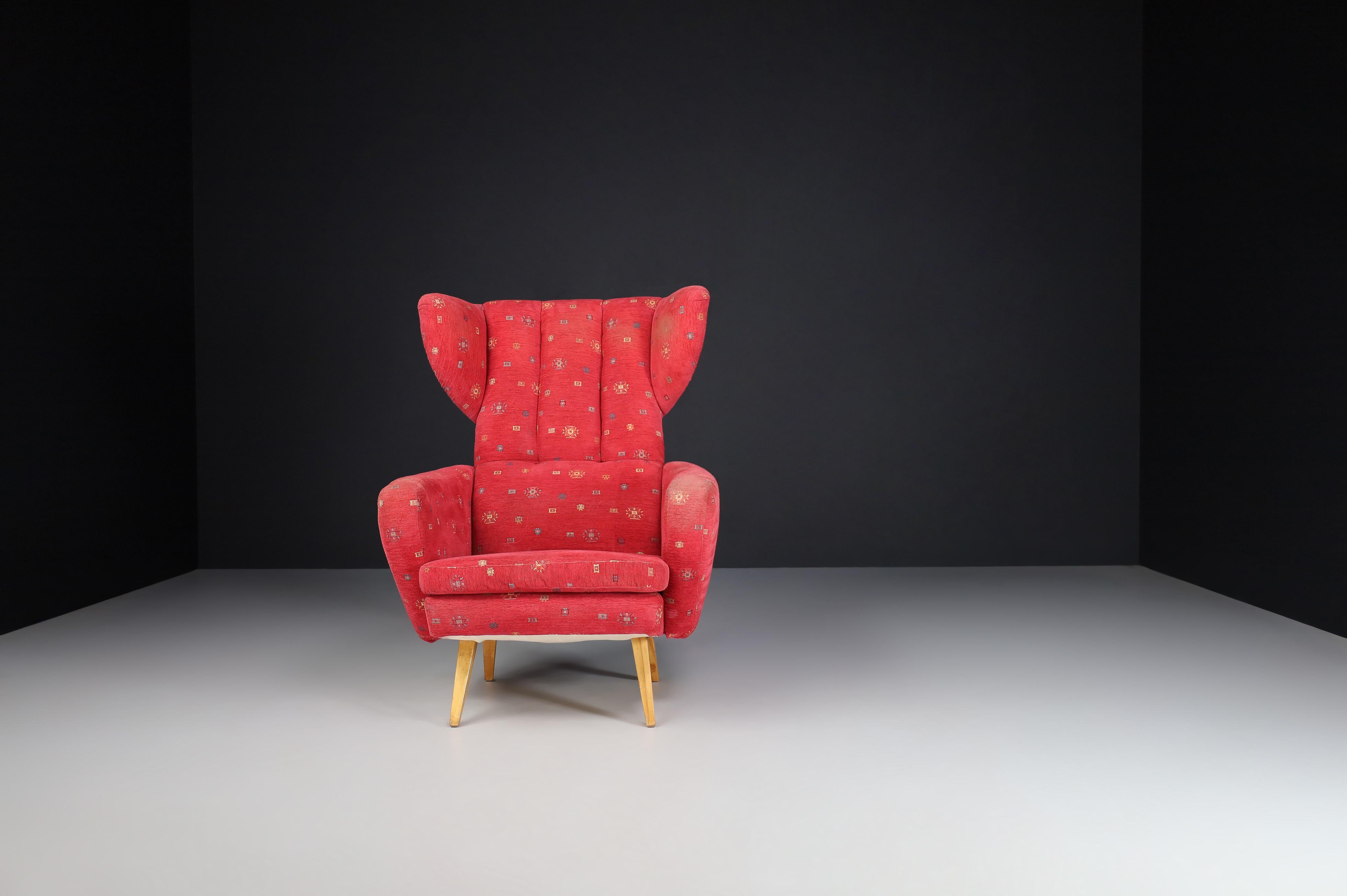 Fabric Wing Back Lounge Chair in Red Upholstery, Praque 1950s   For Sale