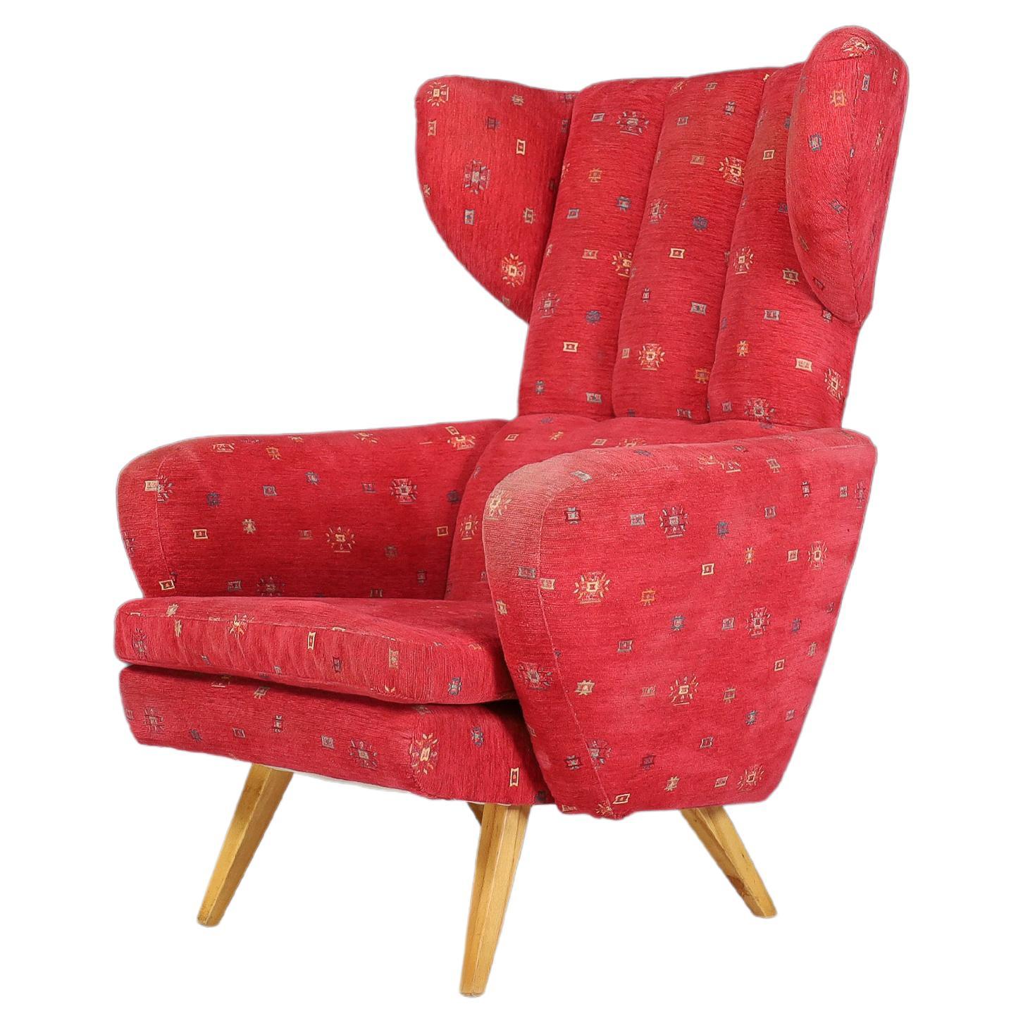 Wing Back Lounge Chair in Red Upholstery, Praque 1950s  