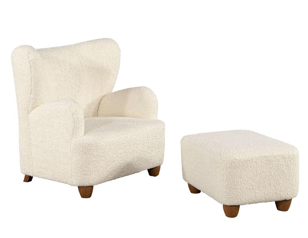 Wing Back Lounge Chair with Ottoman Set by Ellen Degeneres Clairborne Chair. Beautiful curved wing back design with matching ottoman. Upholstered in a soft textured fabric in a cream beige color. The perfect complement for a reading nook. Price