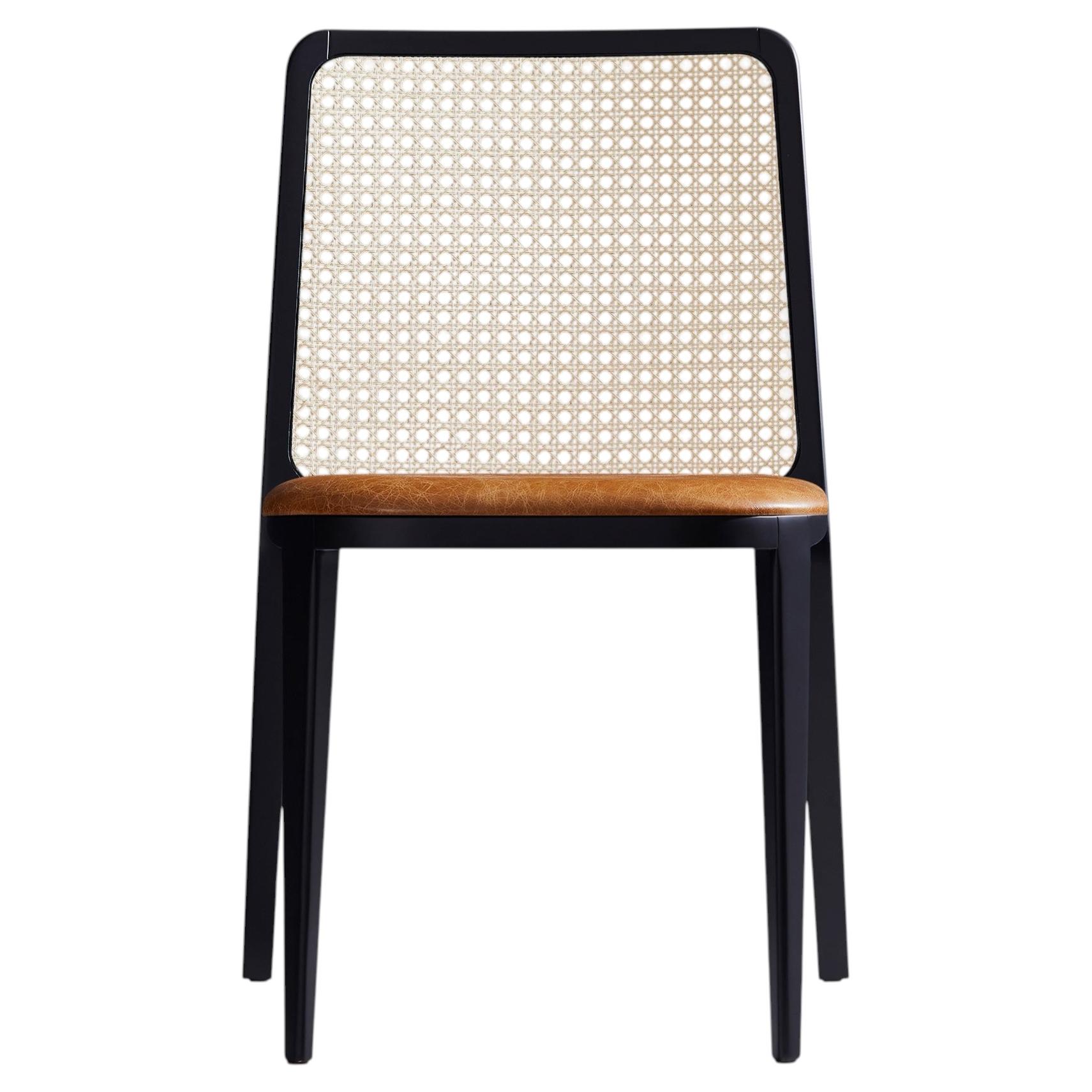 Wing Chair by Designer Simonini, Ebonized Solid Wood, Leather & Caning For Sale