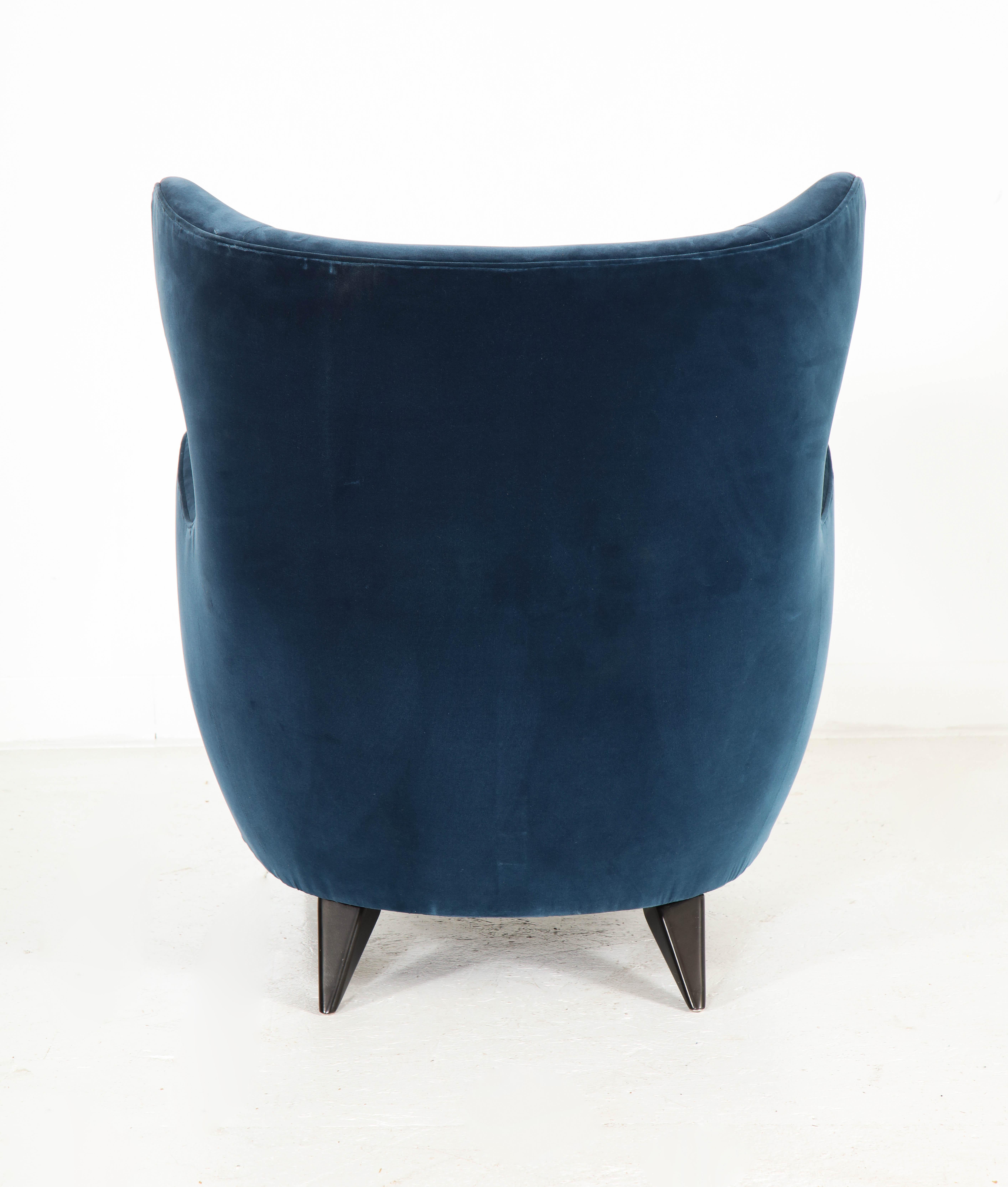 Wing Chair in Blue w/ Maple Wood Base Offered by Vladimir Kagan Design Group 4