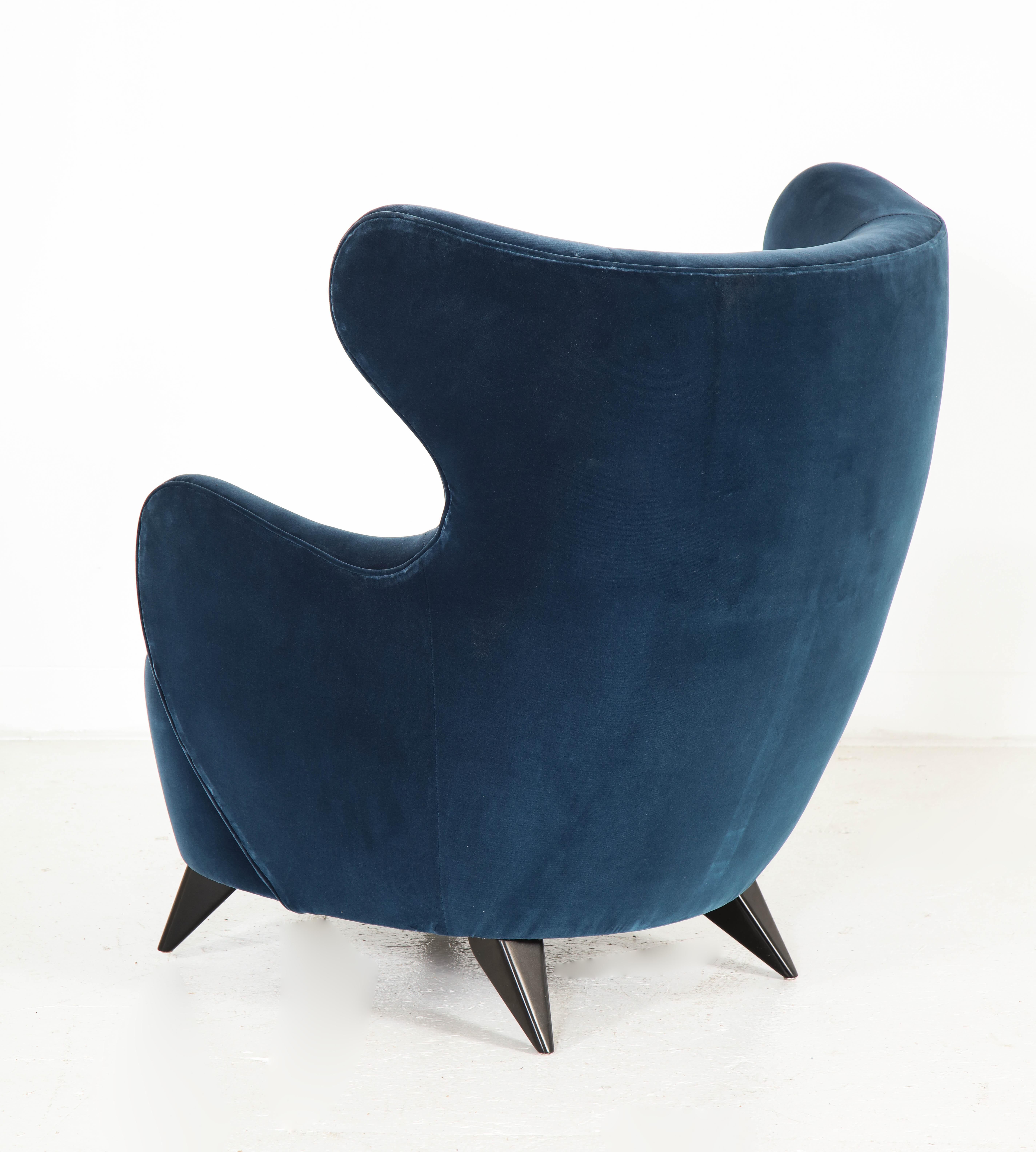 Wing Chair in Blue w/ Maple Wood Base Offered by Vladimir Kagan Design Group 5