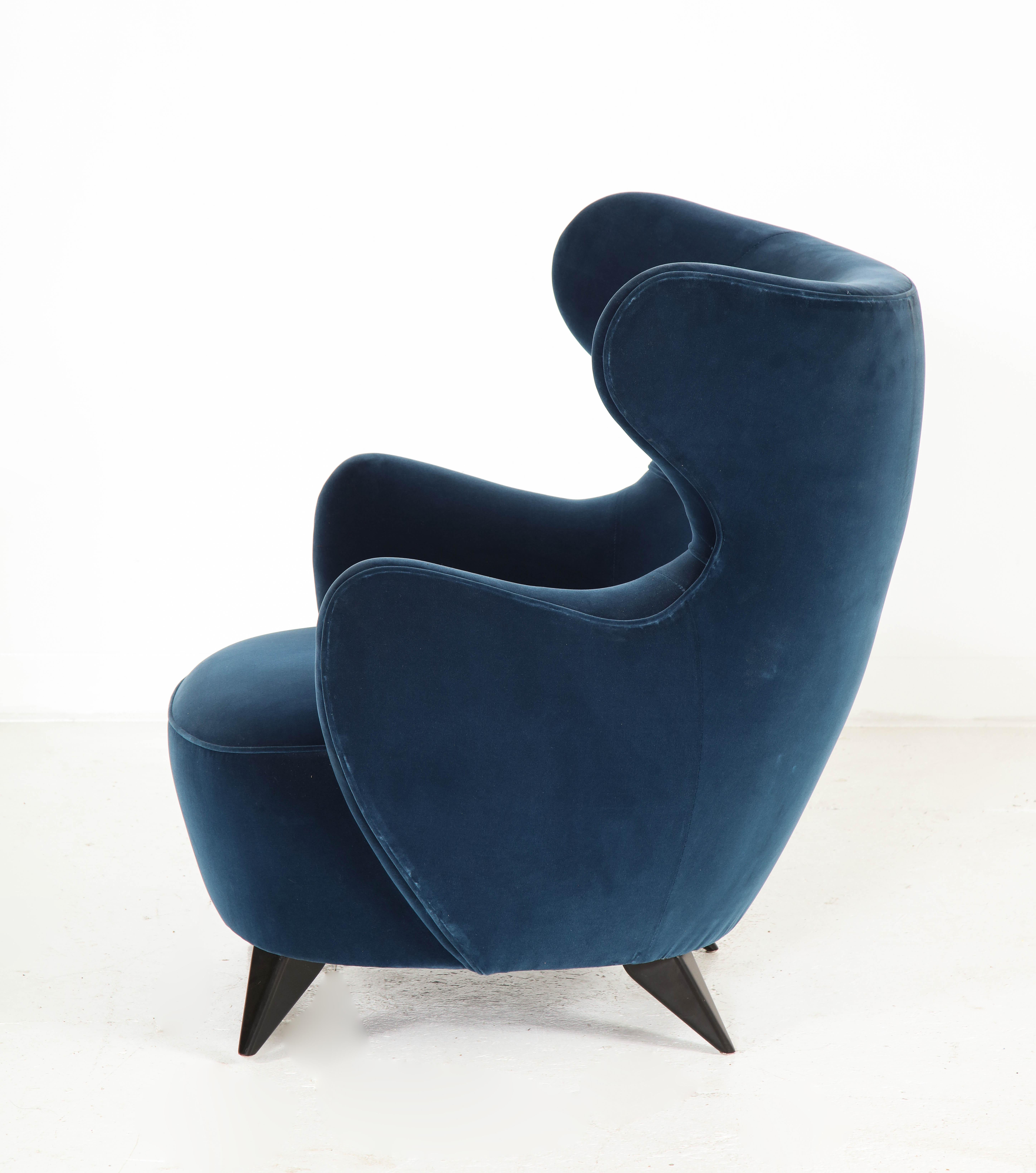 Wing Chair in Blue w/ Maple Wood Base Offered by Vladimir Kagan Design Group 6