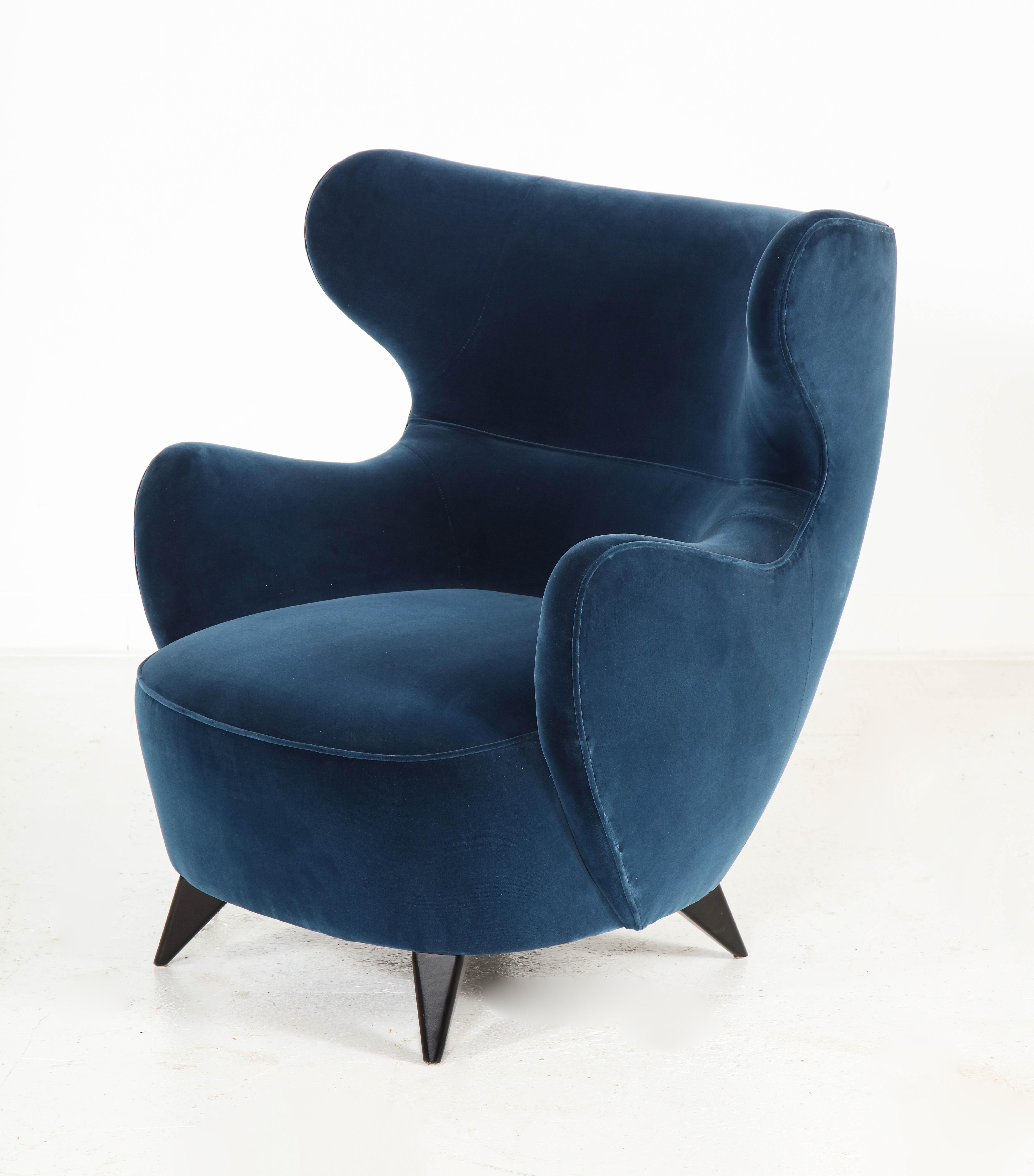 Wing Chair in Blue w/ Maple Wood Base Offered by Vladimir Kagan Design Group 7