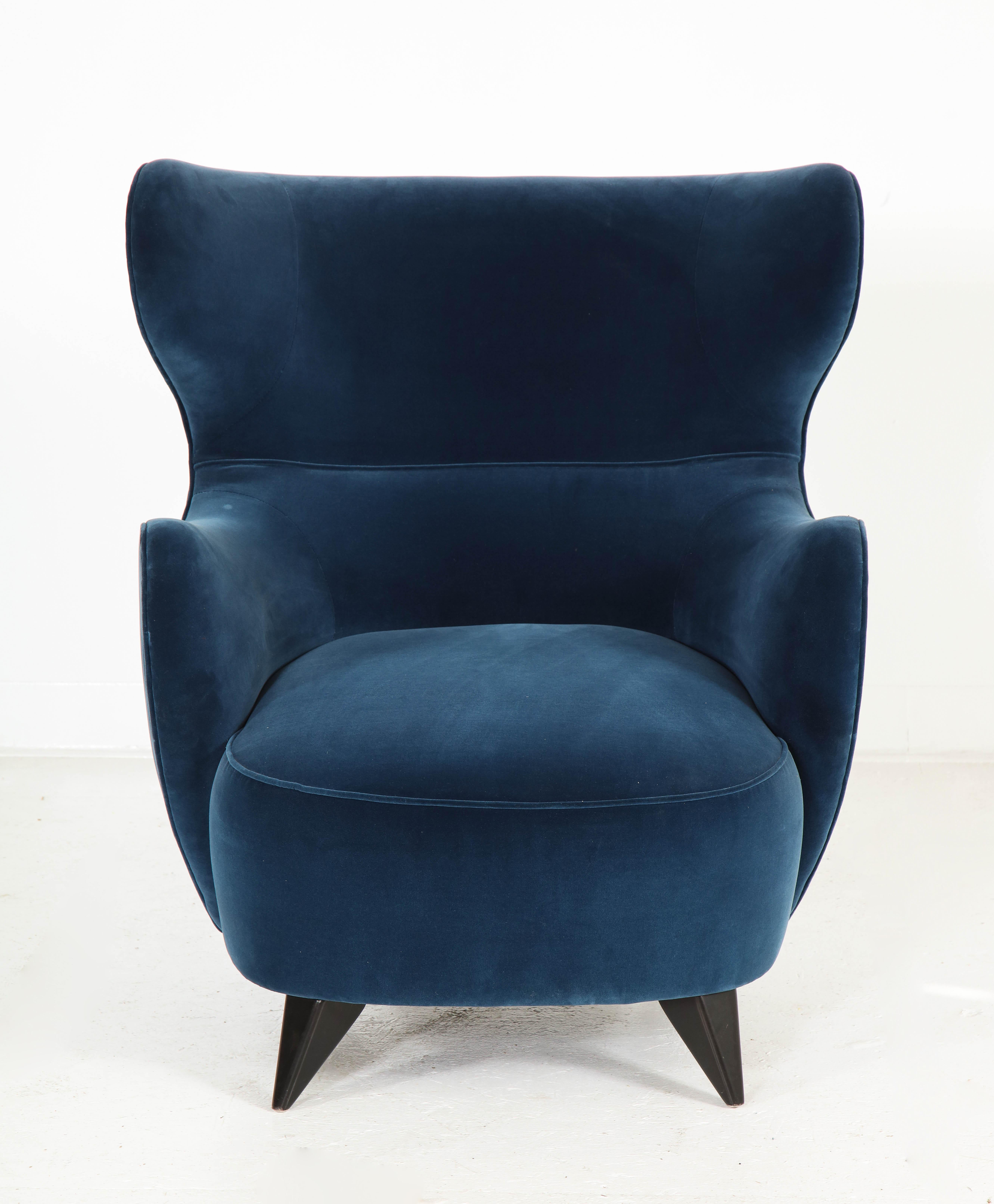 Modern Wing Chair in Blue w/ Maple Wood Base Offered by Vladimir Kagan Design Group