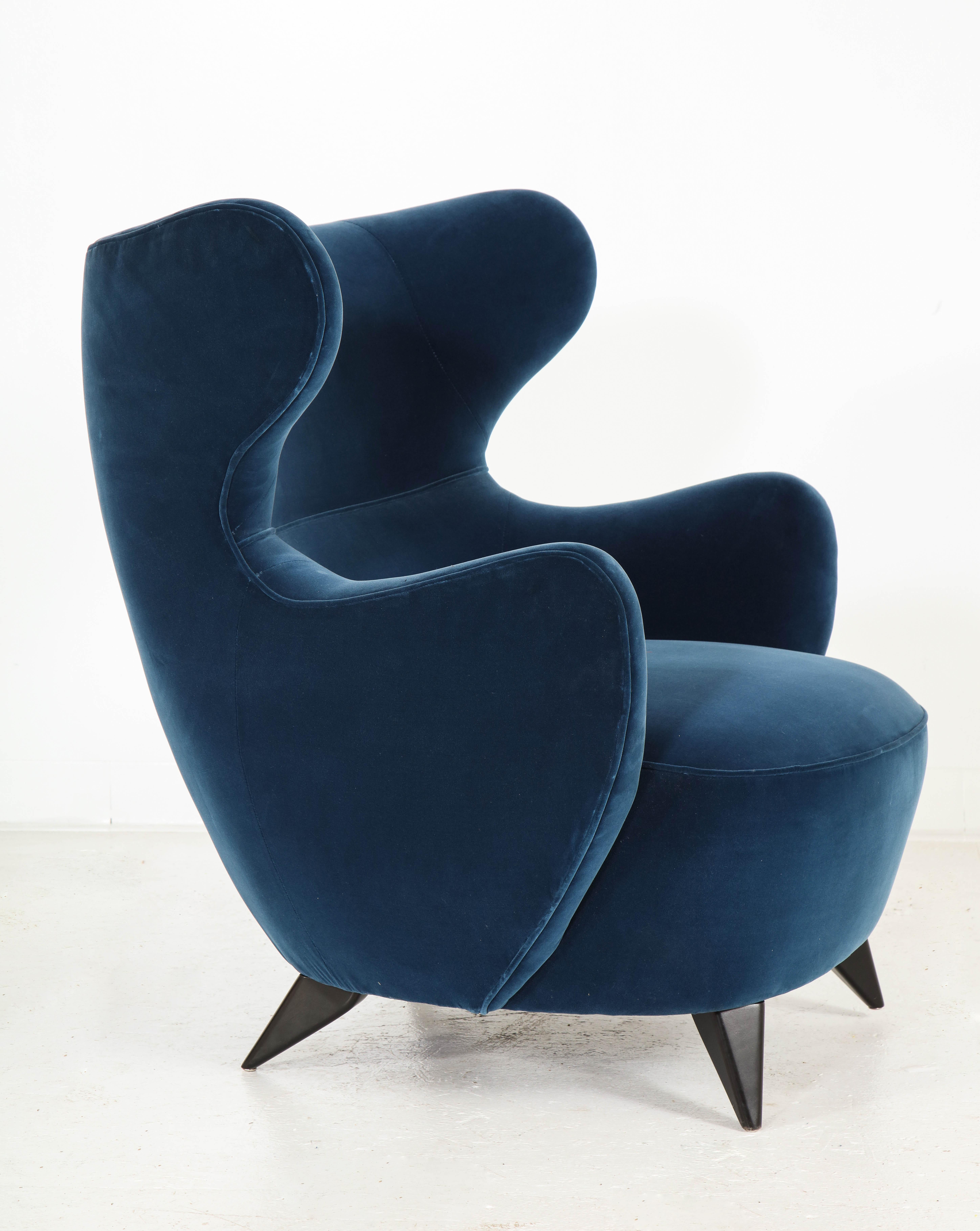 Contemporary Wing Chair in Blue w/ Maple Wood Base Offered by Vladimir Kagan Design Group