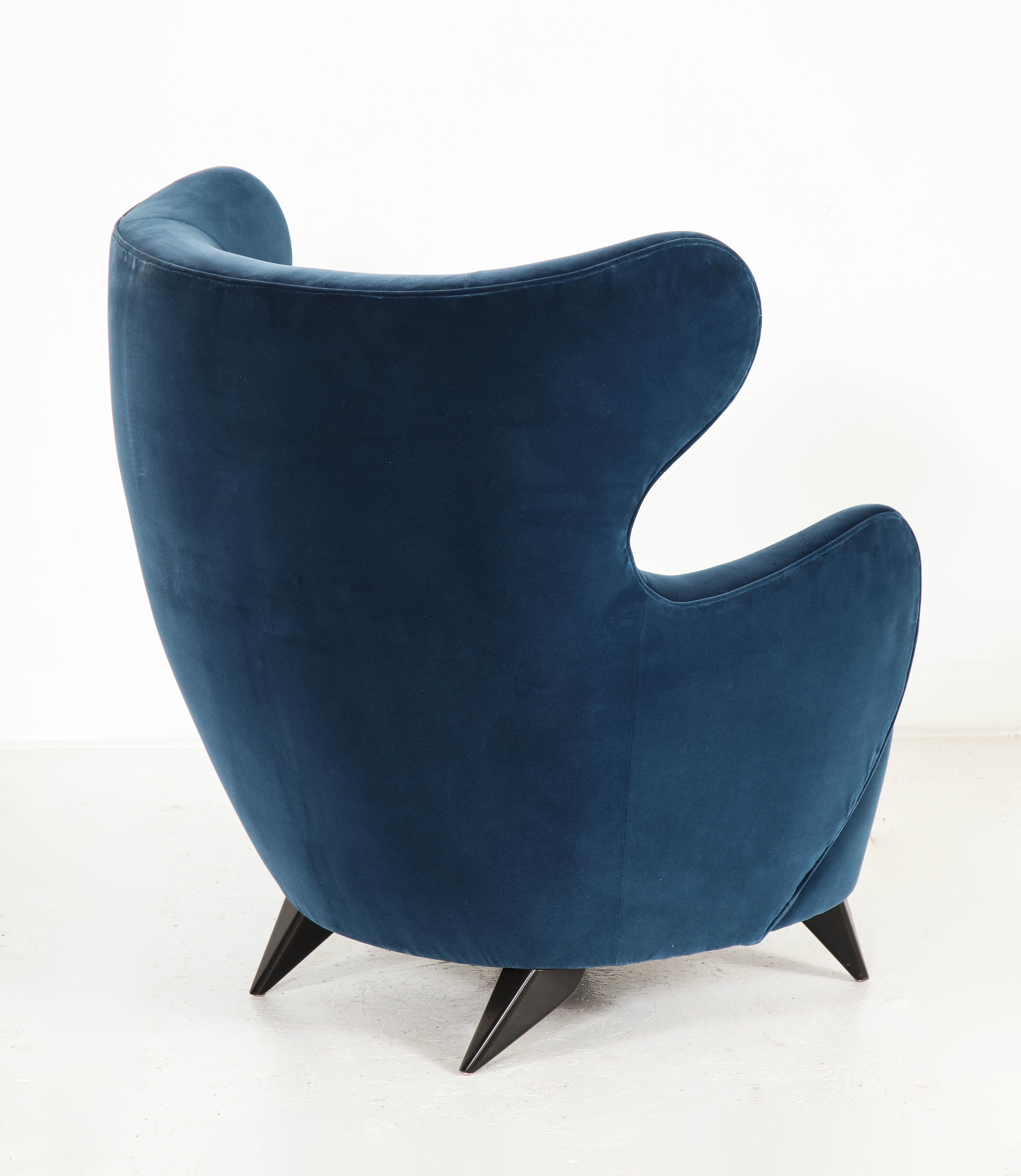 Wing Chair in Blue w/ Maple Wood Base Offered by Vladimir Kagan Design Group 2