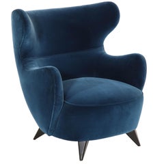 Wing Chair in Blue w/ Maple Wood Base Offered by Vladimir Kagan Design Group