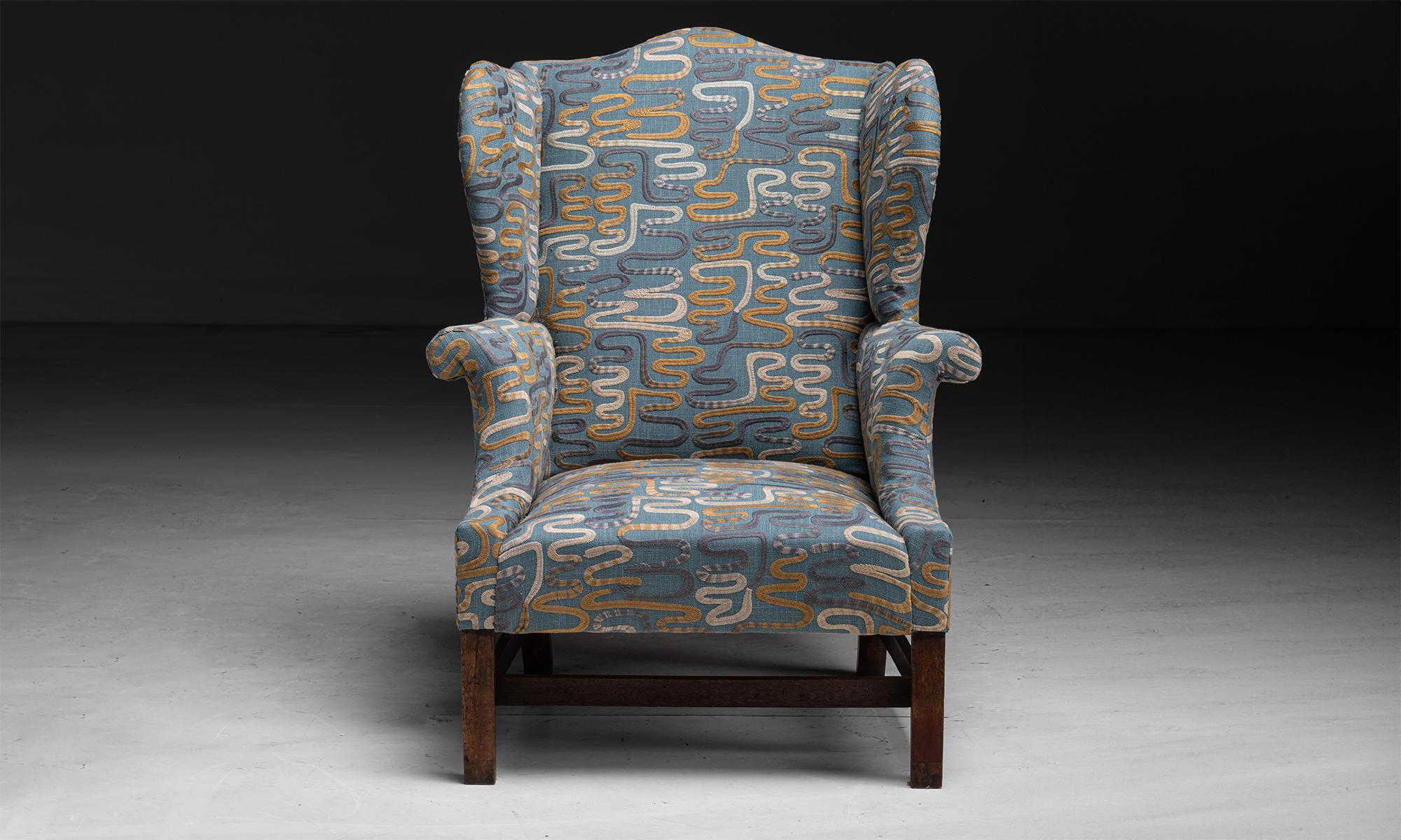 English Wing Chair in Embroidered Linen by Pierre Frey, England circa 1810