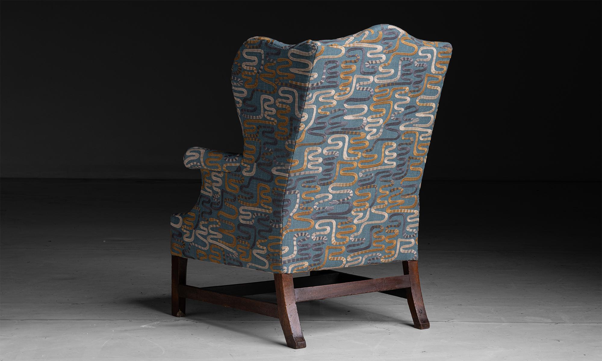 Wing Chair in Embroidered Linen by Pierre Frey, England circa 1810 1