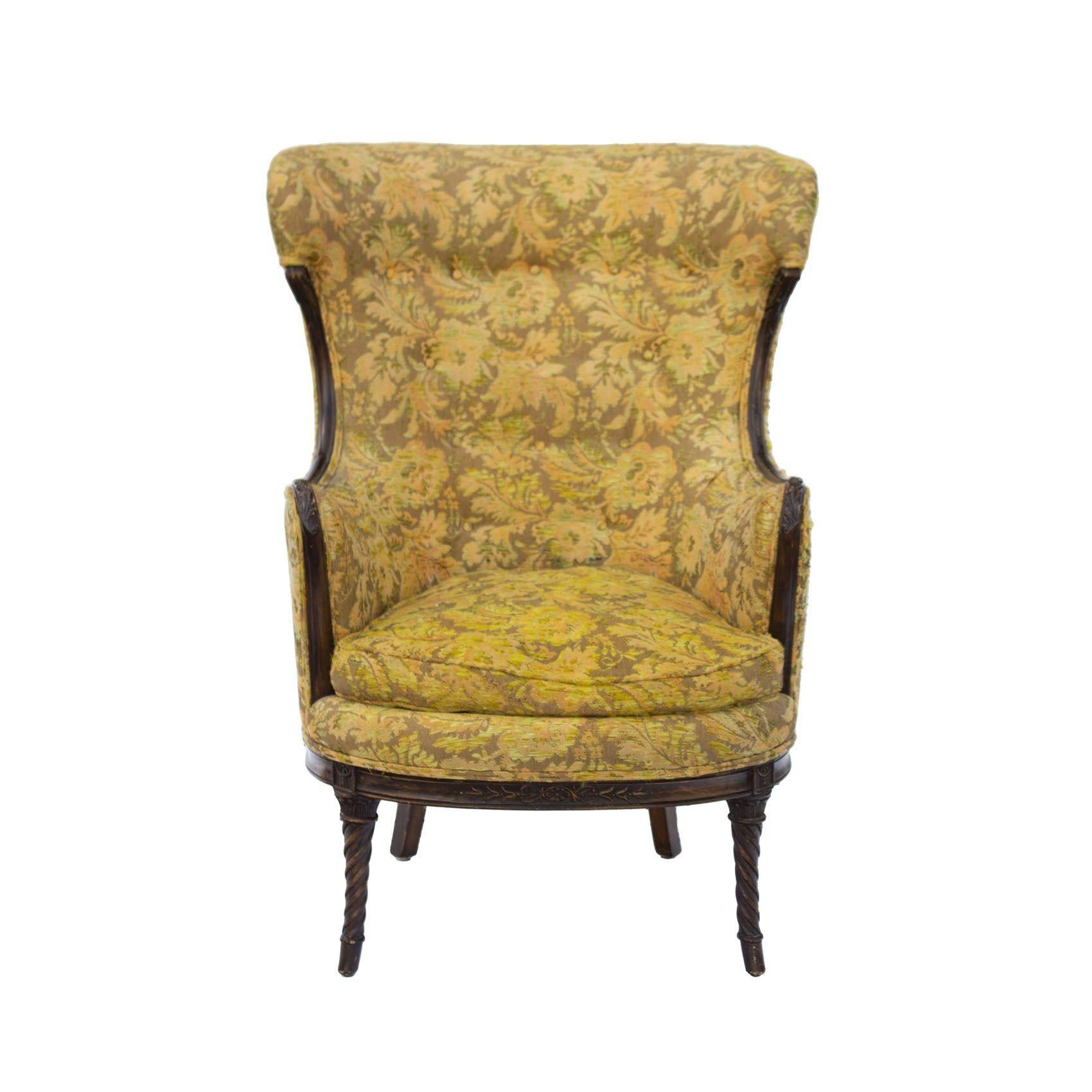 USA, 1930s
Elegant wing chair with carved wooden frame. It's a great style with a lot of visual interest, yet enveloping and comfortable. 
CONDITION NOTES: Chair is in original condition and restoration is recommended. Frame is structurally sound