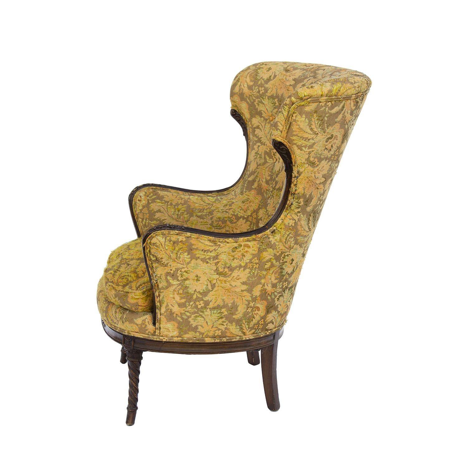 Brocade Wing Chair with Carved Frame Style of Maison Jansen