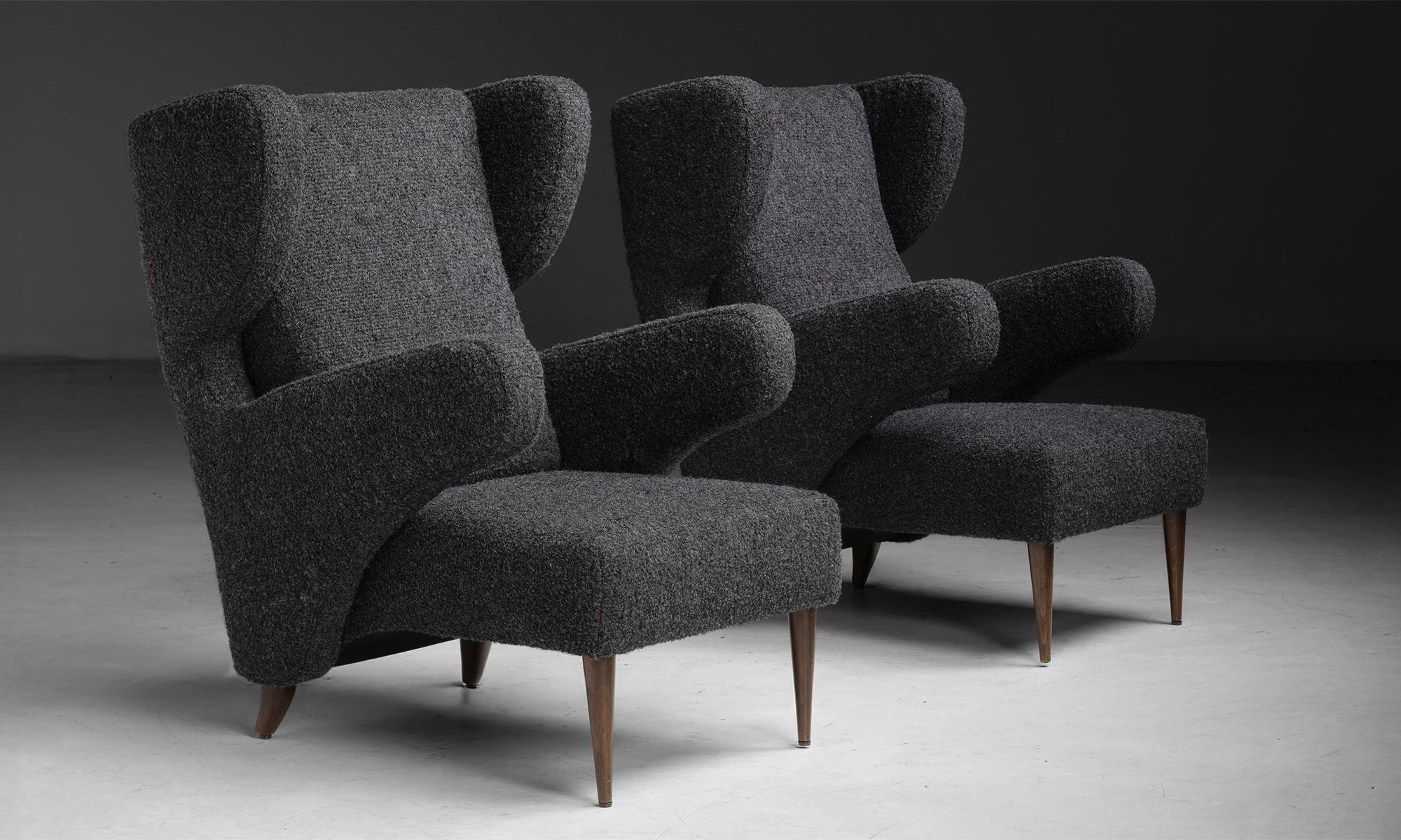 Wing Chairs in Rosemary Hallgarten Alpaca Boucle
Italy, 1960
On wooden legs, newly upholstered in an alpaca boucle by Rosemary Hallgarten.
31”w x 41”d x 42”h x 16”seat