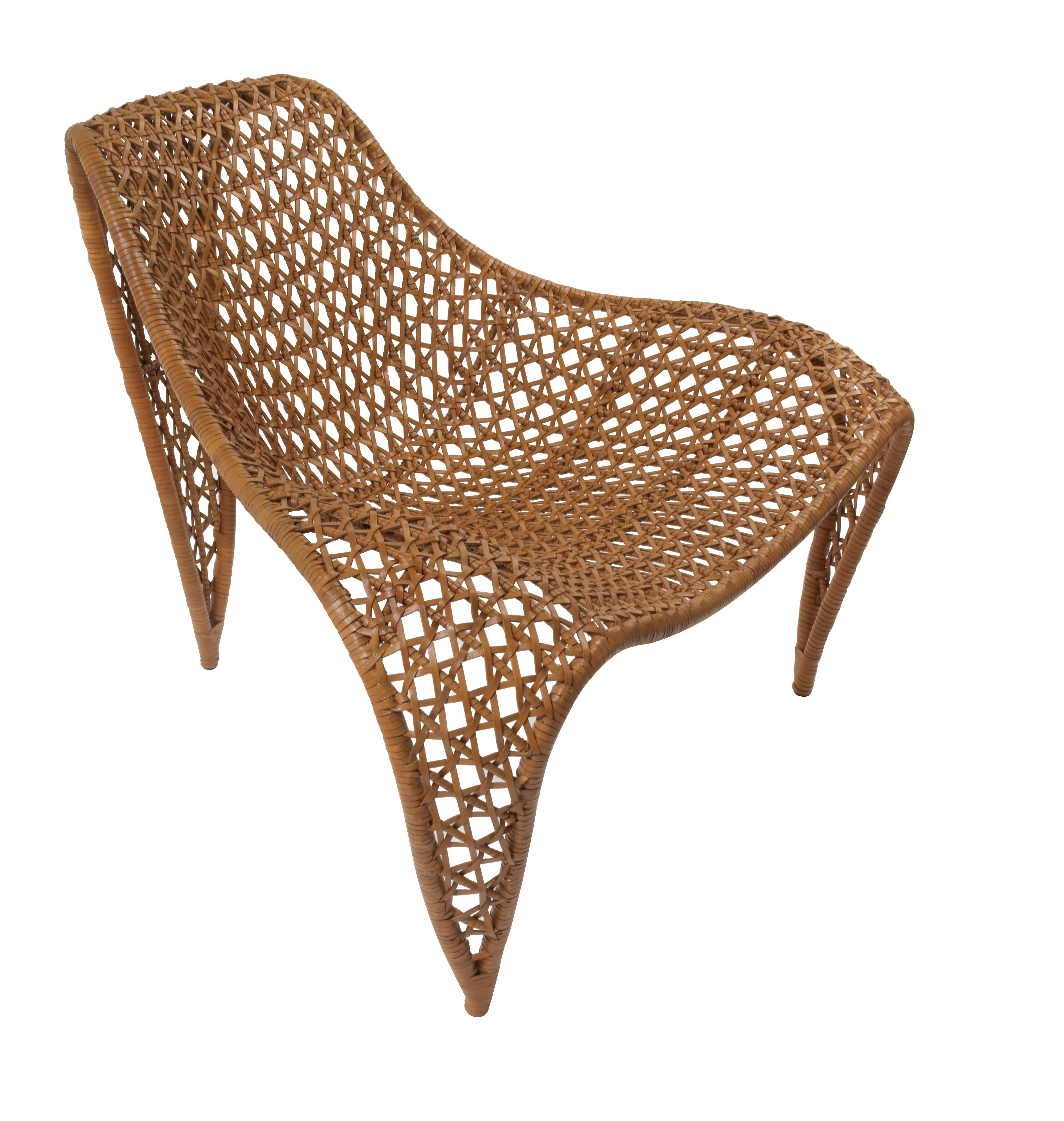Philippine Wing Open Weave Brown Leather Chair For Sale