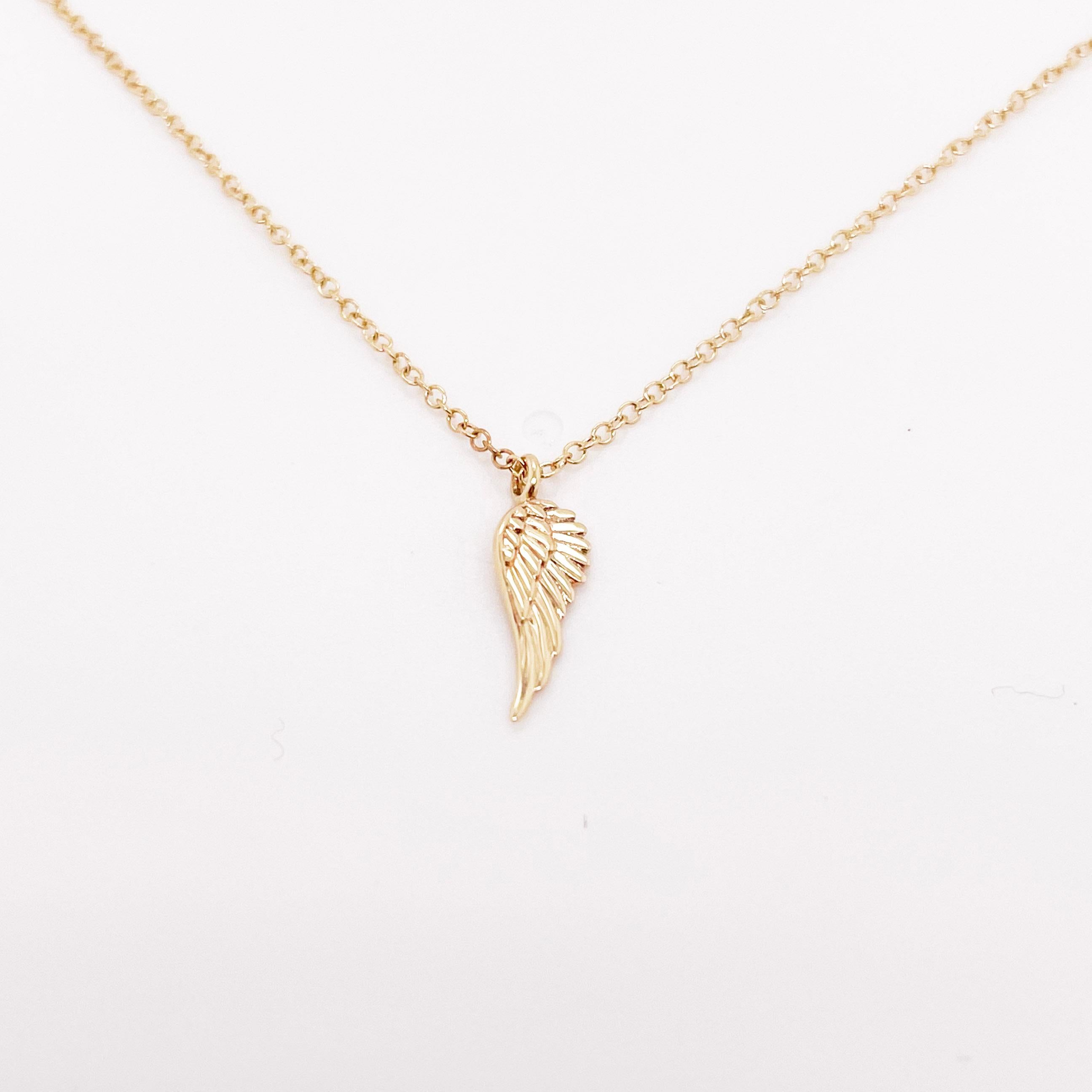 Contemporary Wing Pendant Necklace, Yellow Gold, Delicate Cable Chain and Single Wing For Sale