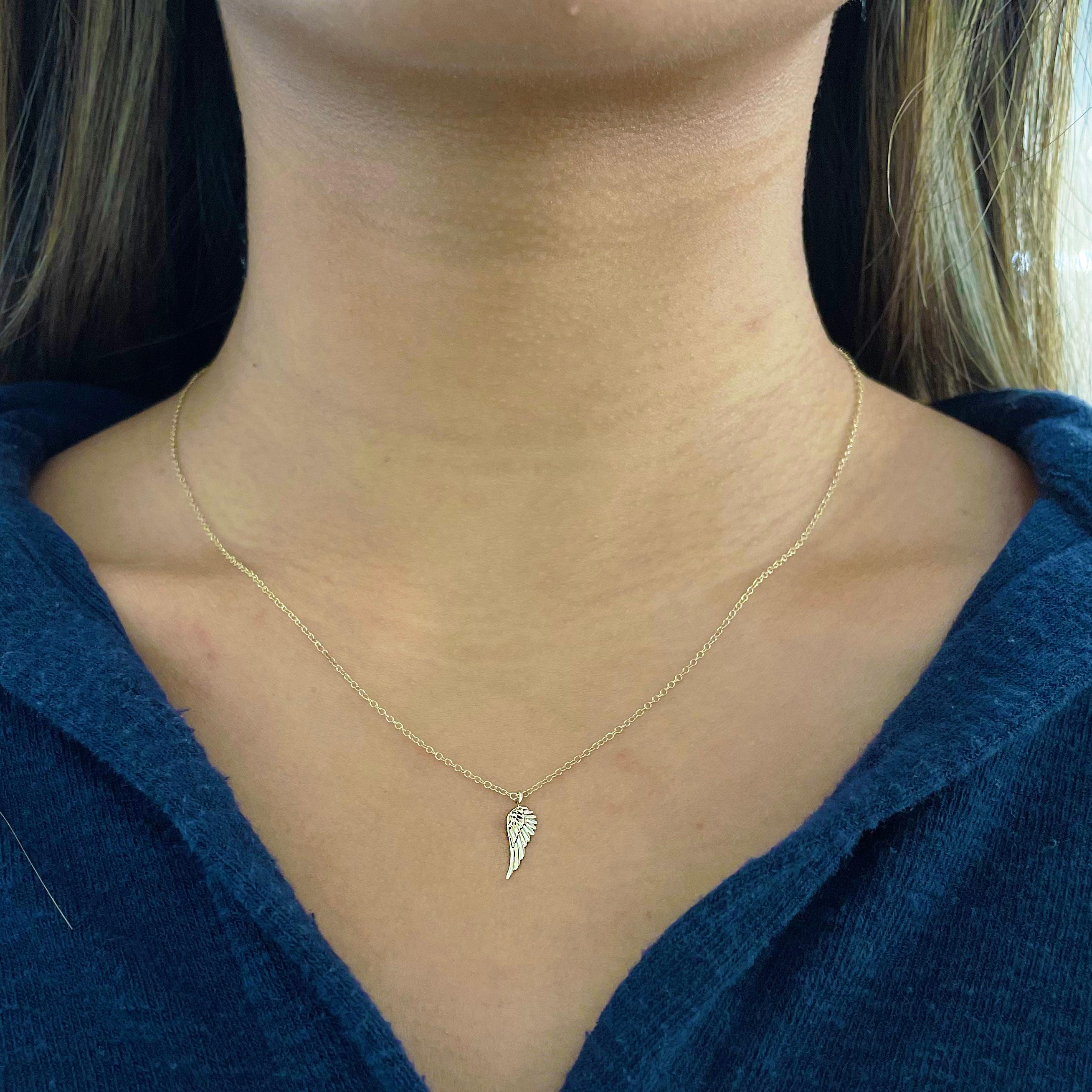 Wing Pendant Necklace, Yellow Gold, Delicate Cable Chain and Single Wing In New Condition For Sale In Austin, TX