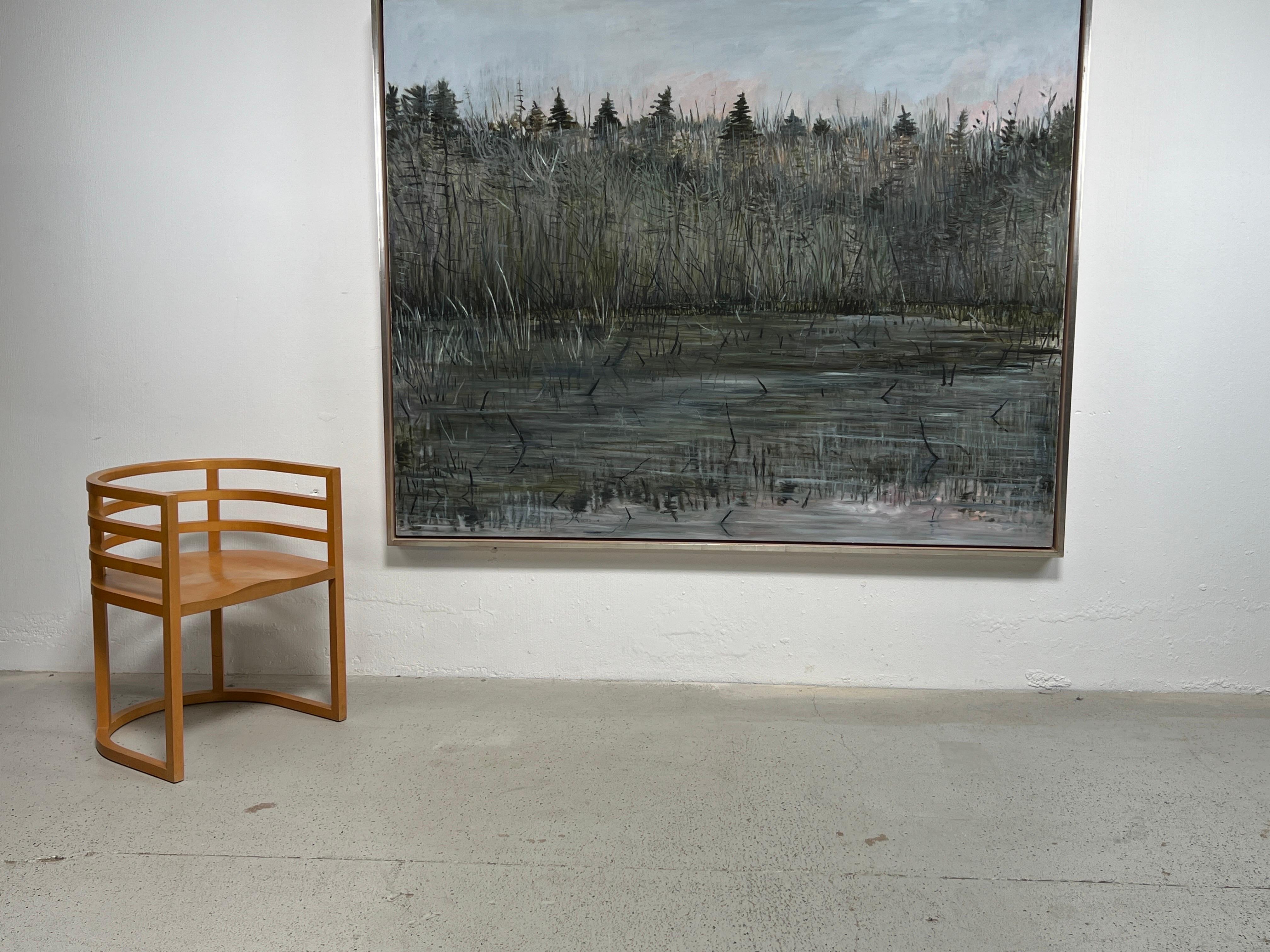 Uninhabited by human form, there's a stillness invoked in the landscape paintings of New York artist Nancy Brett (b. 1949) and 'Wing Rd.', dated 1989-90, is no exception. The cool, solitary wetlands of this landscape illustrate a calm that is almost