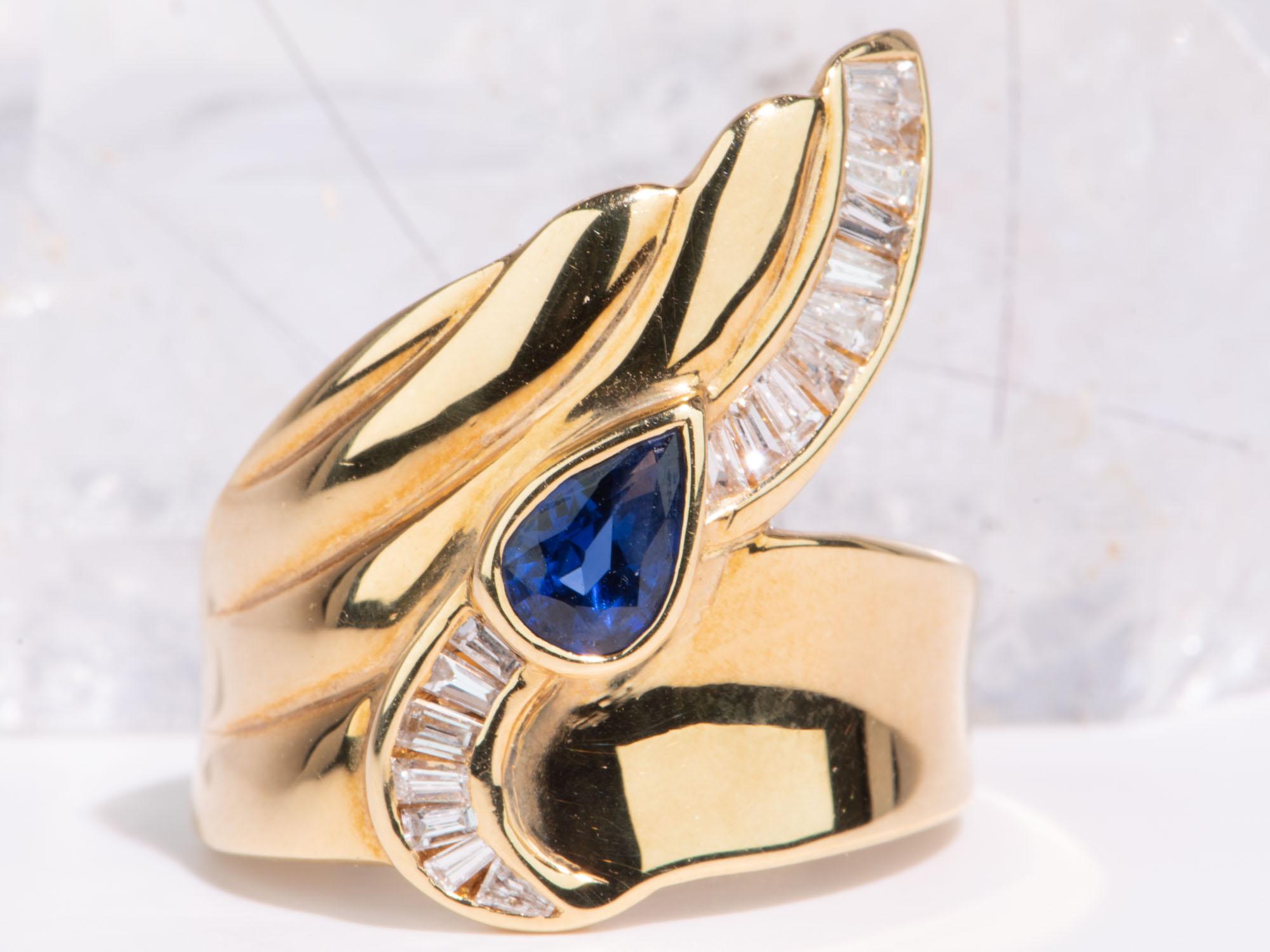 Uncut Wing Tip Ring with Blue Sapphire 18K Gold 10.7g V1123 For Sale