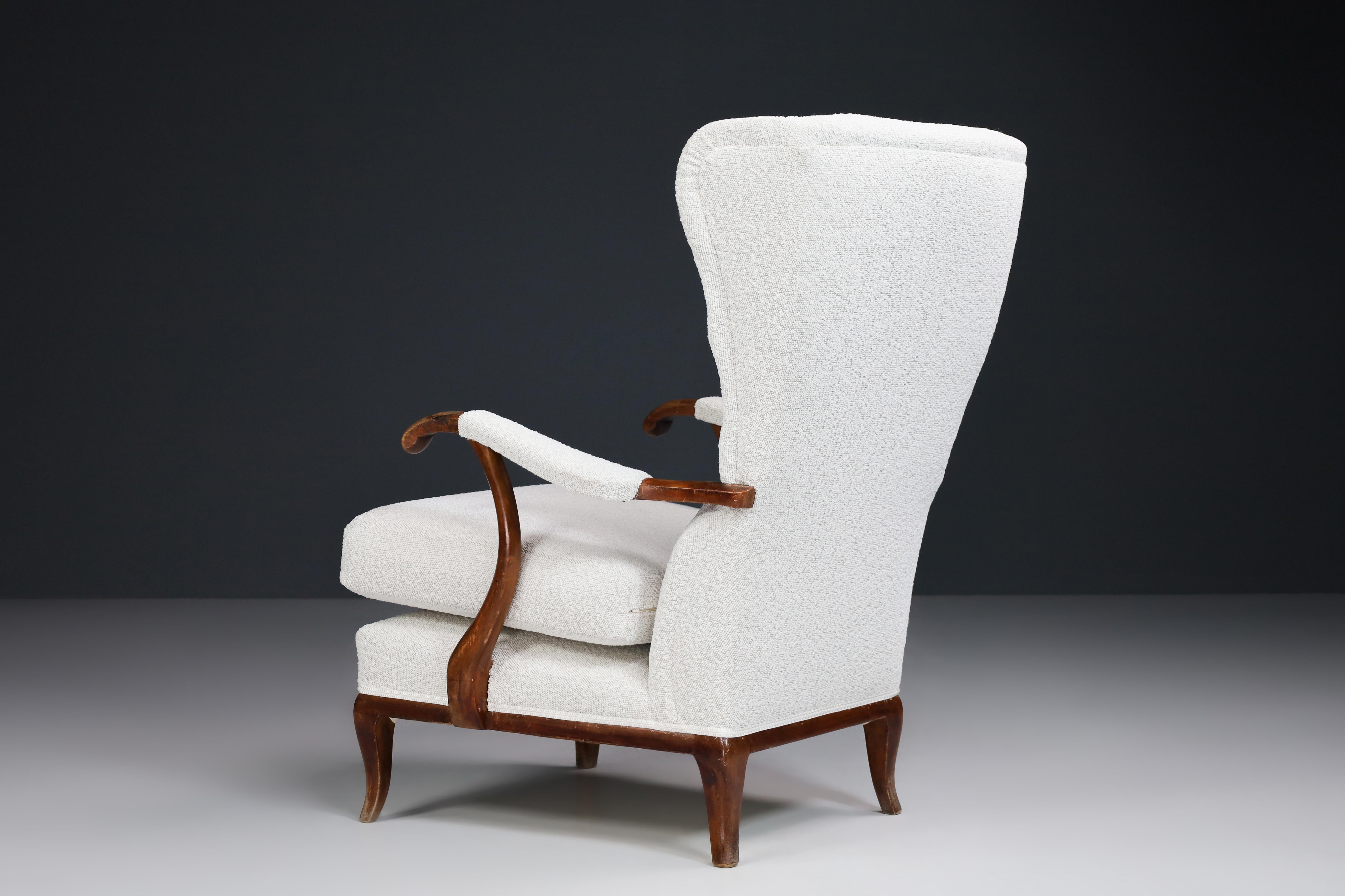 Italian Wingback Armchair by Paolo Buffa Reupholstered in Bouclé Fabric, Italy 1940s  Th For Sale
