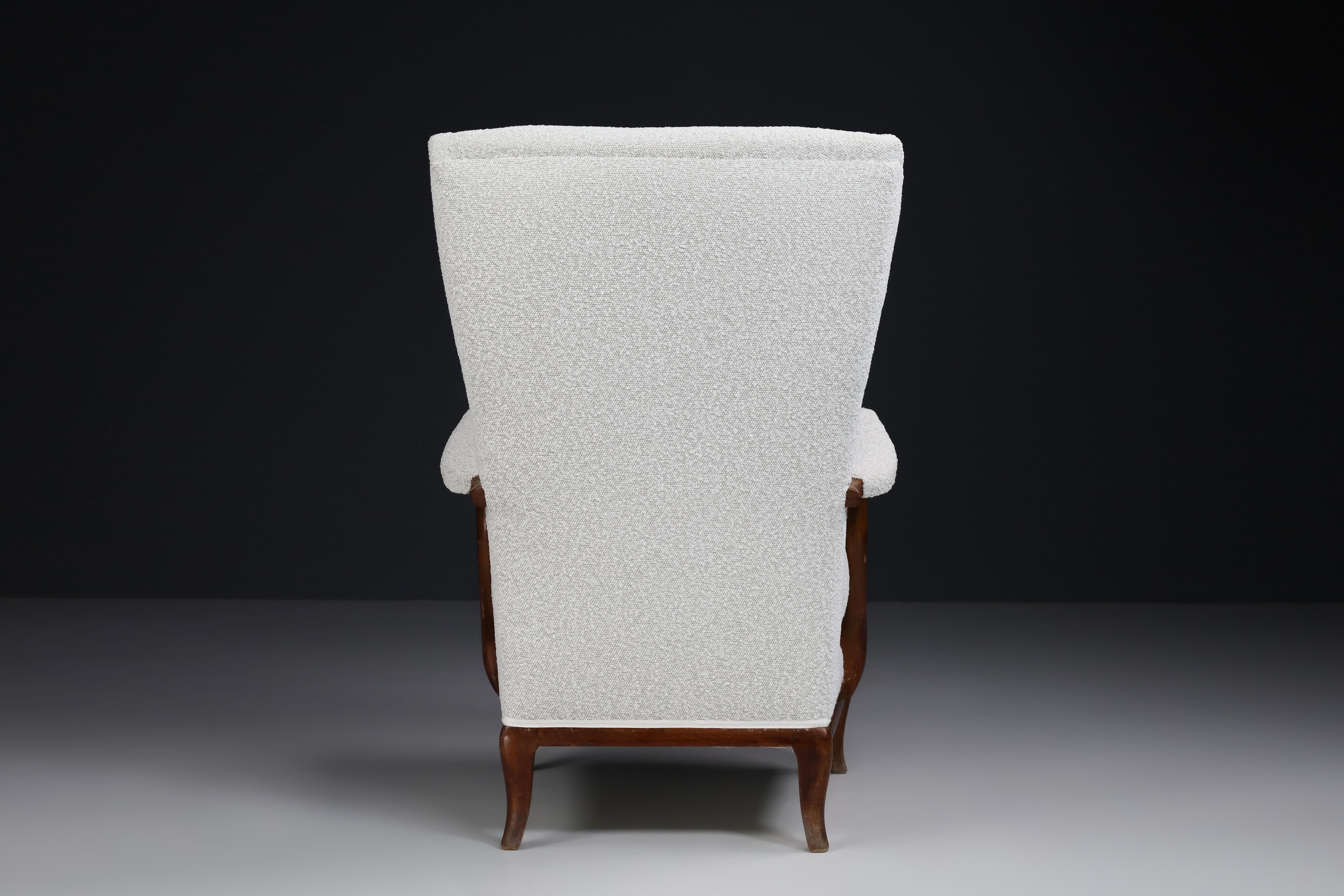20th Century Wingback Armchair by Paolo Buffa Reupholstered in Bouclé Fabric, Italy 1940s  Th For Sale