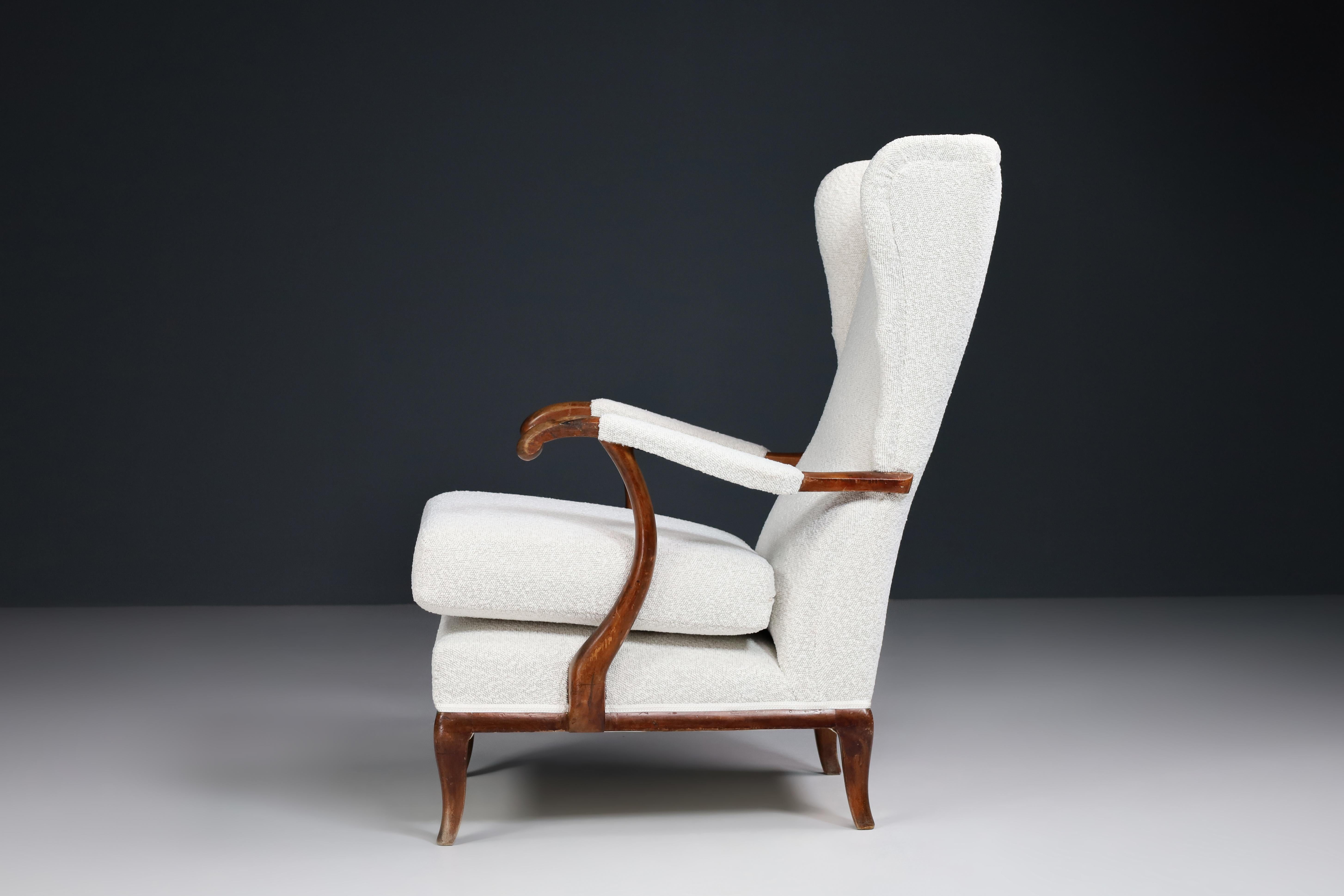 Wingback Armchair by Paolo Buffa Reupholstered in Bouclé Fabric, Italy 1940s  Th 1