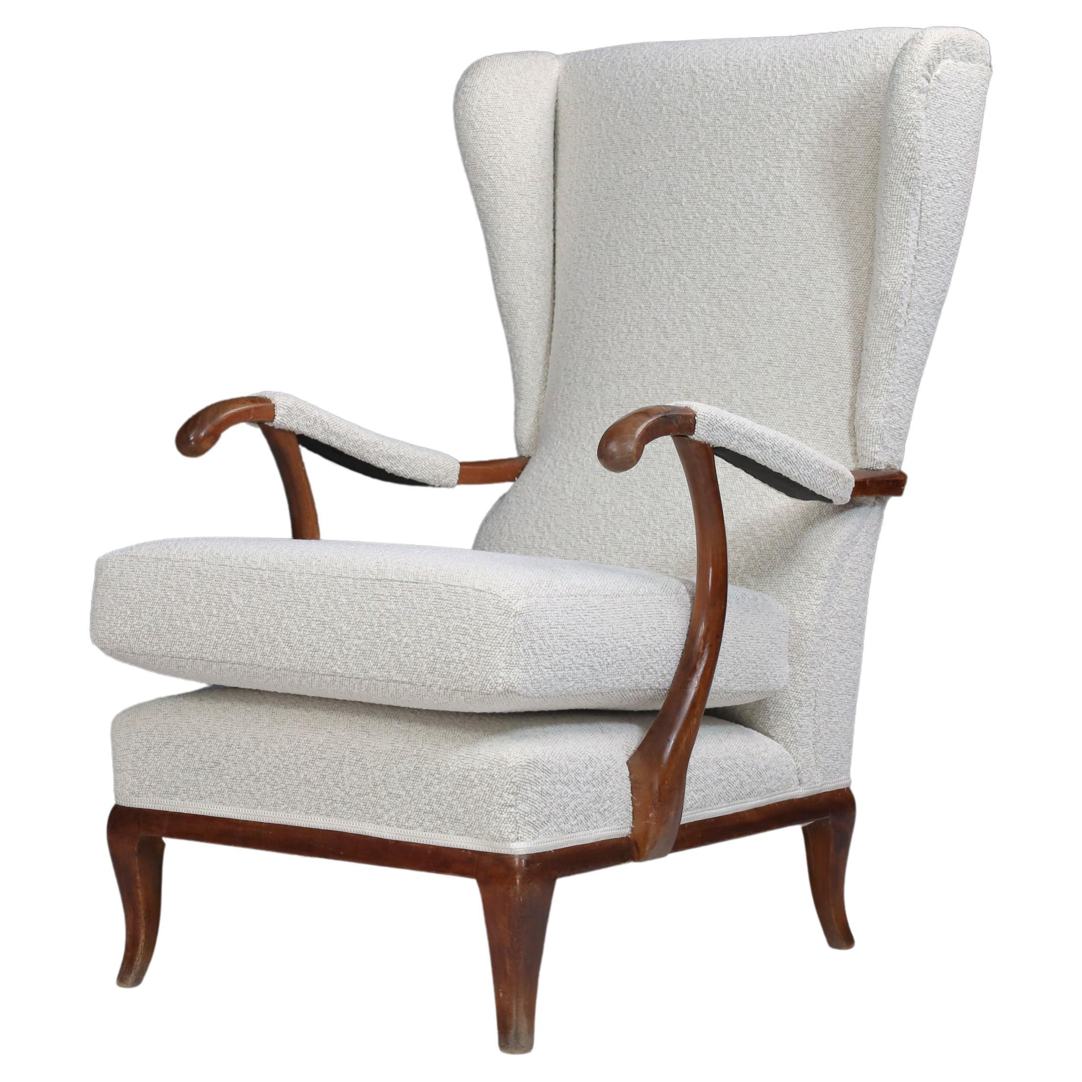 Wingback Armchair by Paolo Buffa Reupholstered in Bouclé Fabric, Italy 1940s  Th For Sale