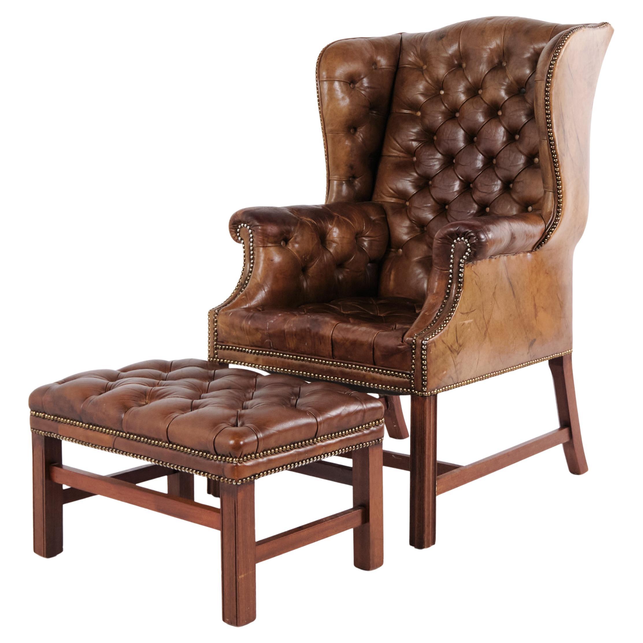 Wingback Armchair in Brown Original Leather, With Footstool, George III Style
