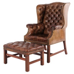 Wingback Armchair in Brown Original Leather, With Footstool, George III Style