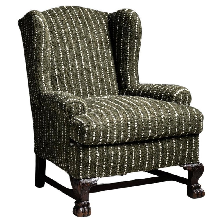 Wingback Armchair in Chalk Stripe Fabric, England, circa 1880 For Sale