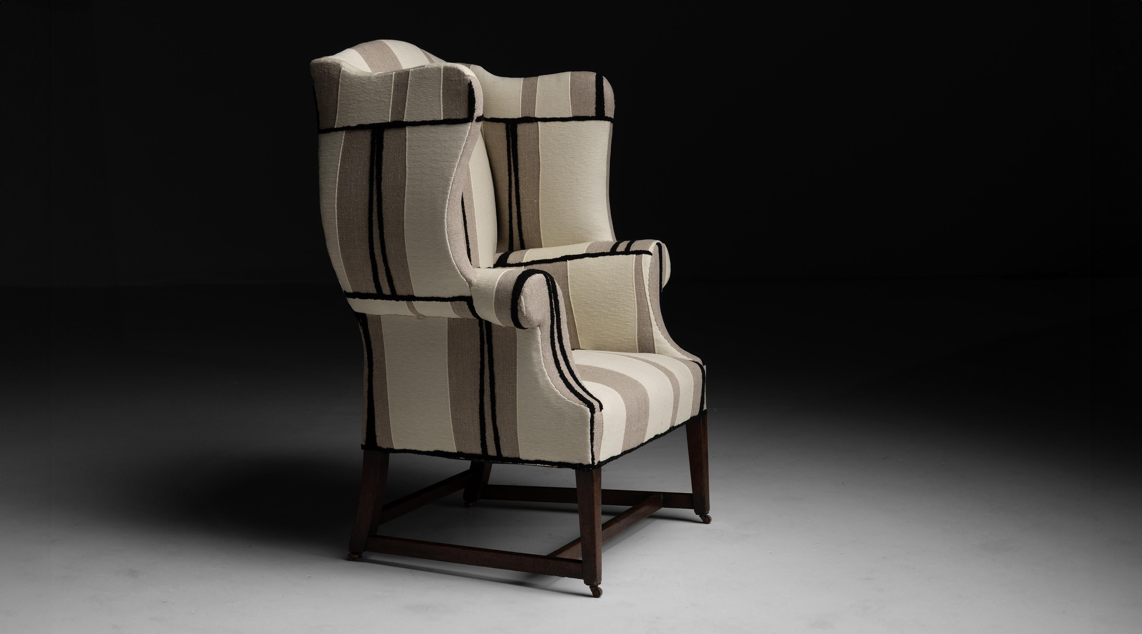 Wingback Armchair in Pierre Frey Fabric
England circa 1890
Antique frame newly upholstered in Pierre Frey linen blend.
34”w x 26.5”d x 48”h x 16”seat