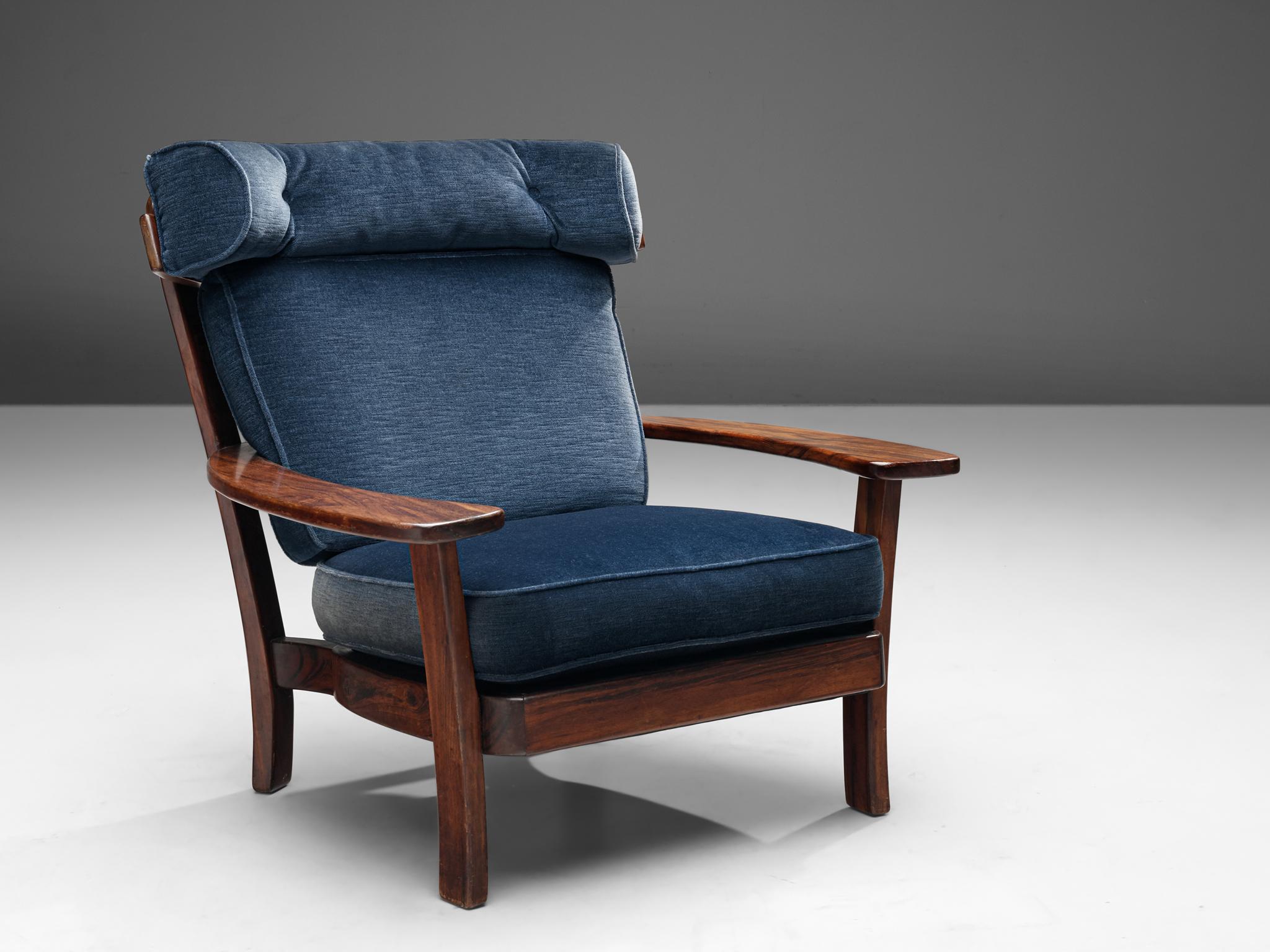 Mid-Century Modern Wingback Armchair in Blue Velvet  For Sale