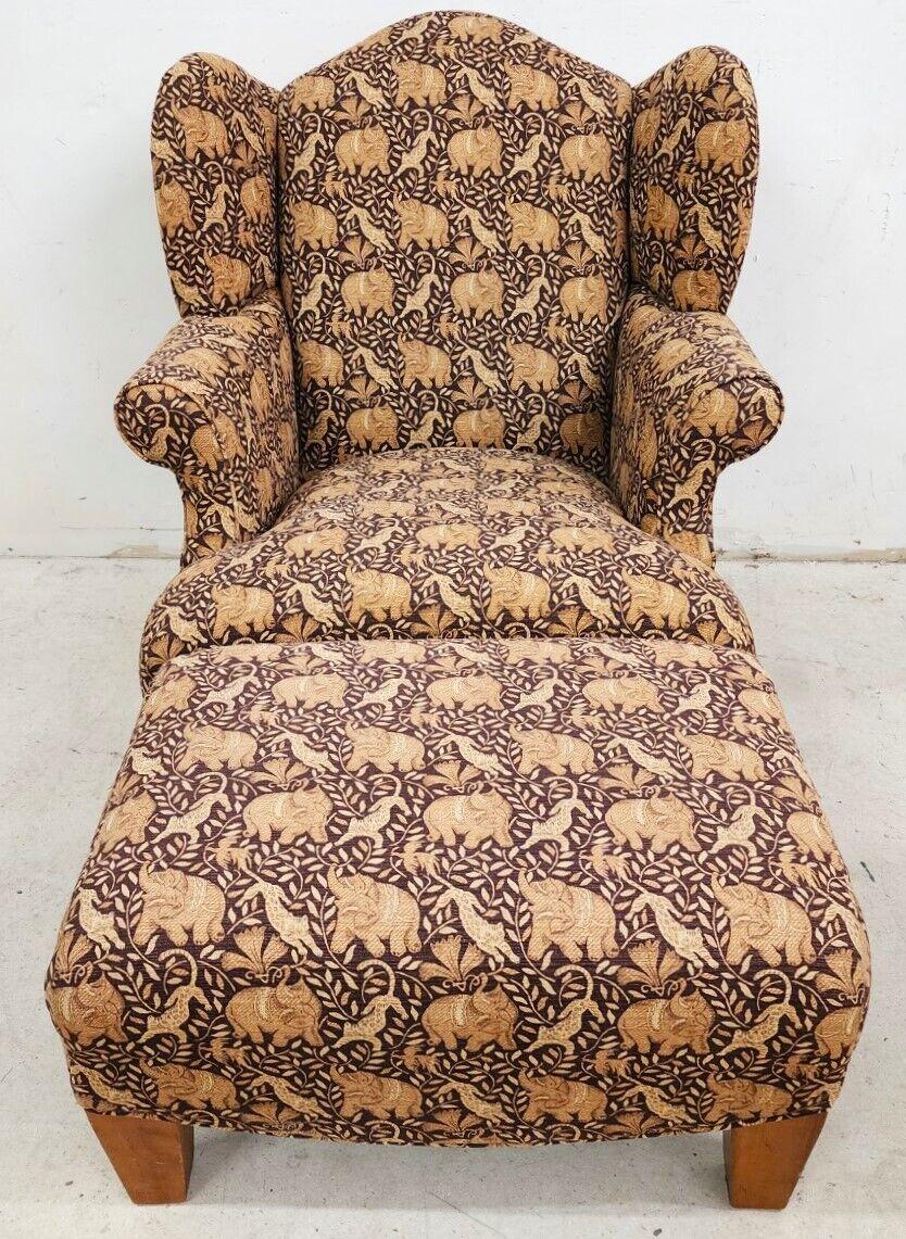 Offering one of our recent Palm Beach estate fine furniture acquisitions of an
oversized custom upholstered wingback library reading lounge armchair & ottoman
beautiful set! Very comfortable with spring-supported seat.

Coloration: browns &