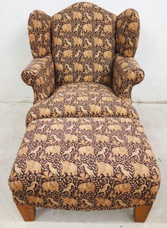 Wingback Armchair & Ottoman Elephants & Leopards Custom Designer