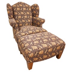 Vintage Wingback Armchair & Ottoman Elephants & Leopards Custom Designer