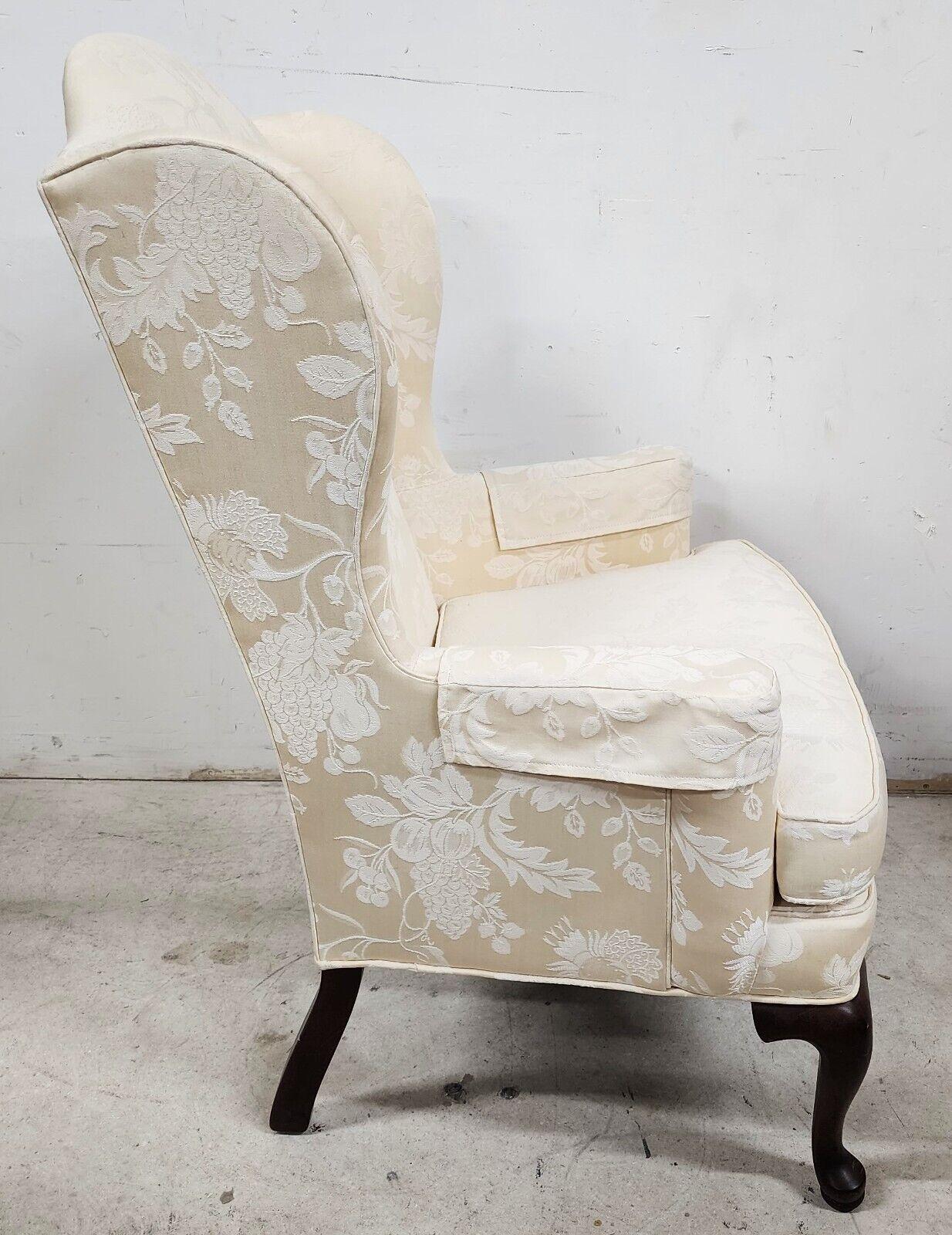 Wingback Armchair Queen Anne Ivory Brocade Sussex by Ethan Allen In Good Condition In Lake Worth, FL