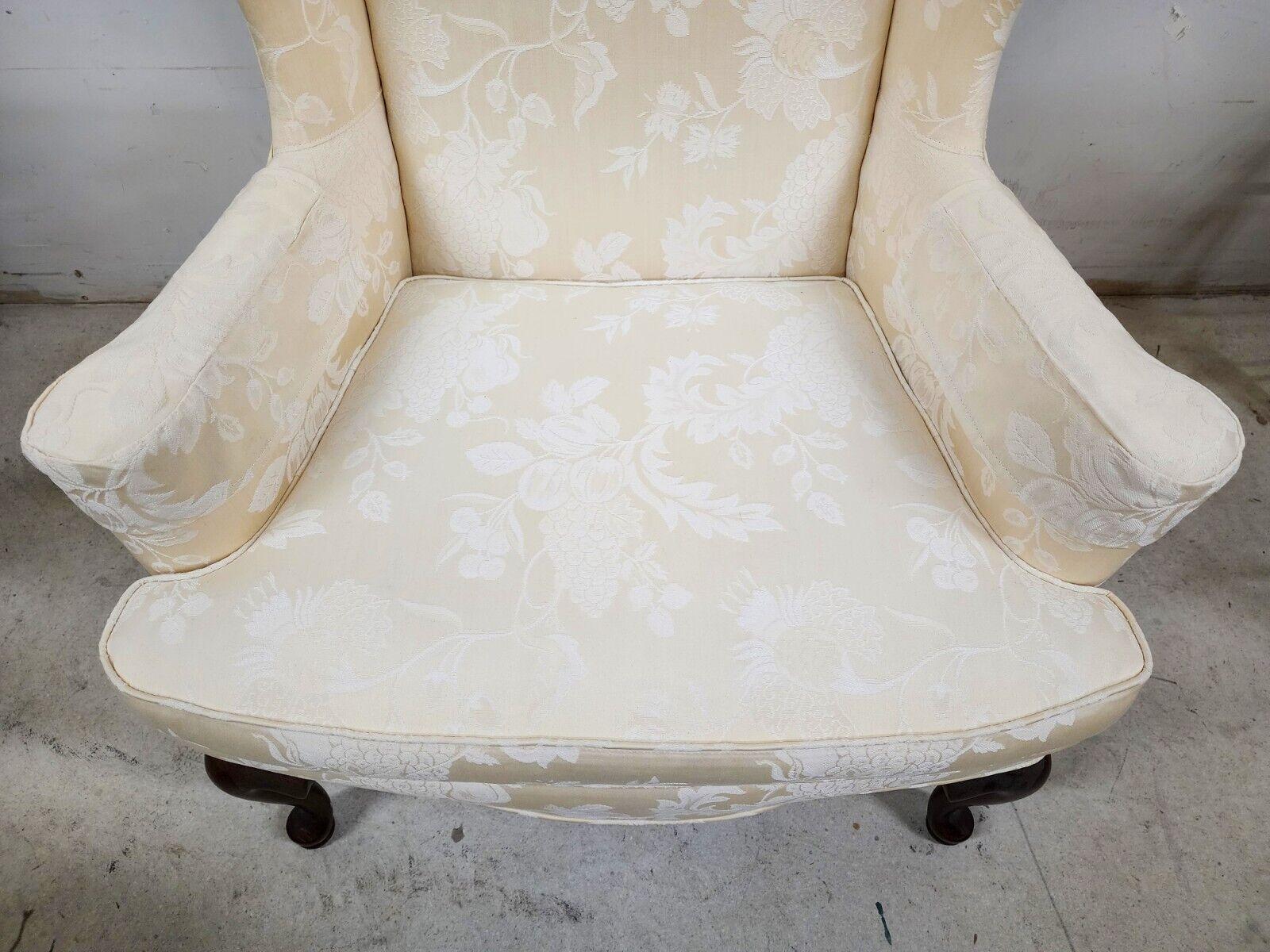 Late 20th Century Wingback Armchair Queen Anne Ivory Brocade Sussex by Ethan Allen