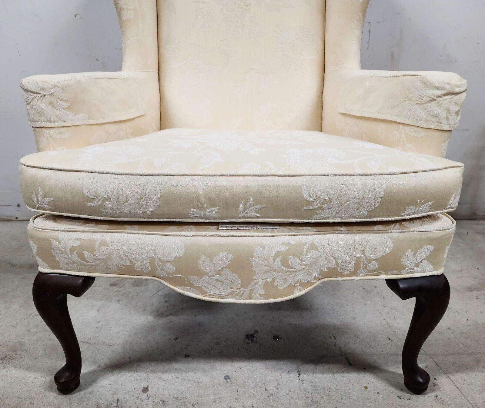 Wingback Armchair Queen Anne Ivory Brocade Sussex by Ethan Allen 1
