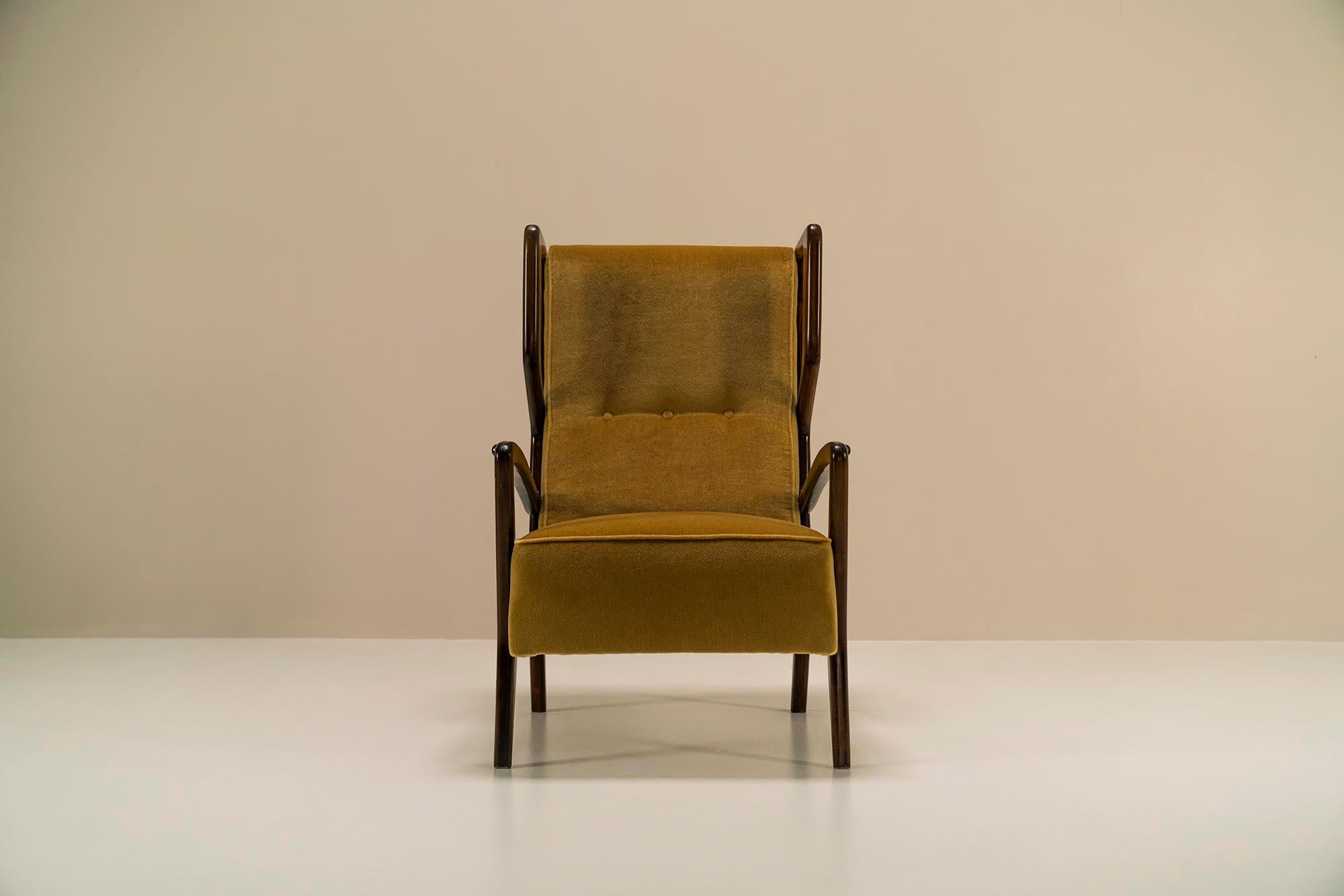 Italian Wingback Armchairs In Poplar And Mohair By Orlando Orlandi, Italy 1950's For Sale