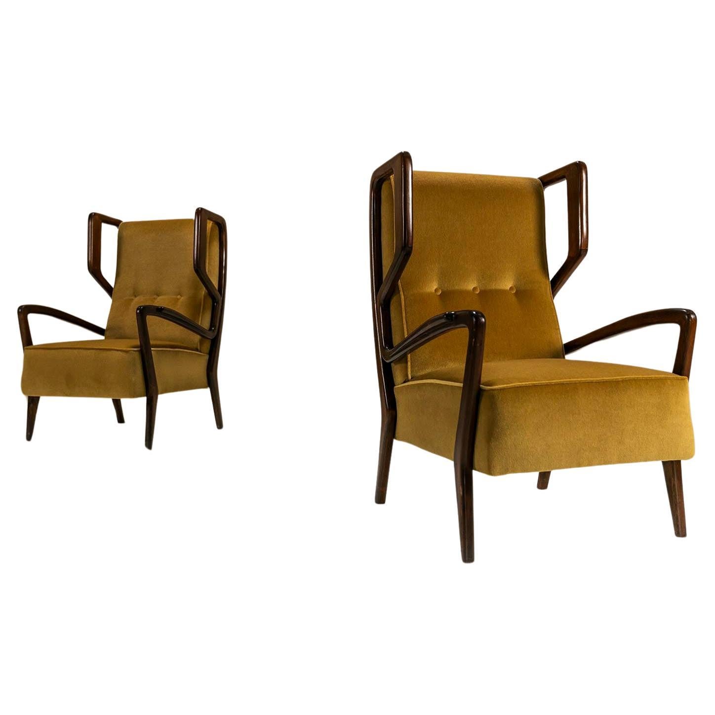 Wingback Armchairs In Poplar And Mohair By Orlando Orlandi, Italy 1950's For Sale