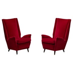 Sillón italiano con respaldo de terciopelo rojo de Gio Ponti, años 50