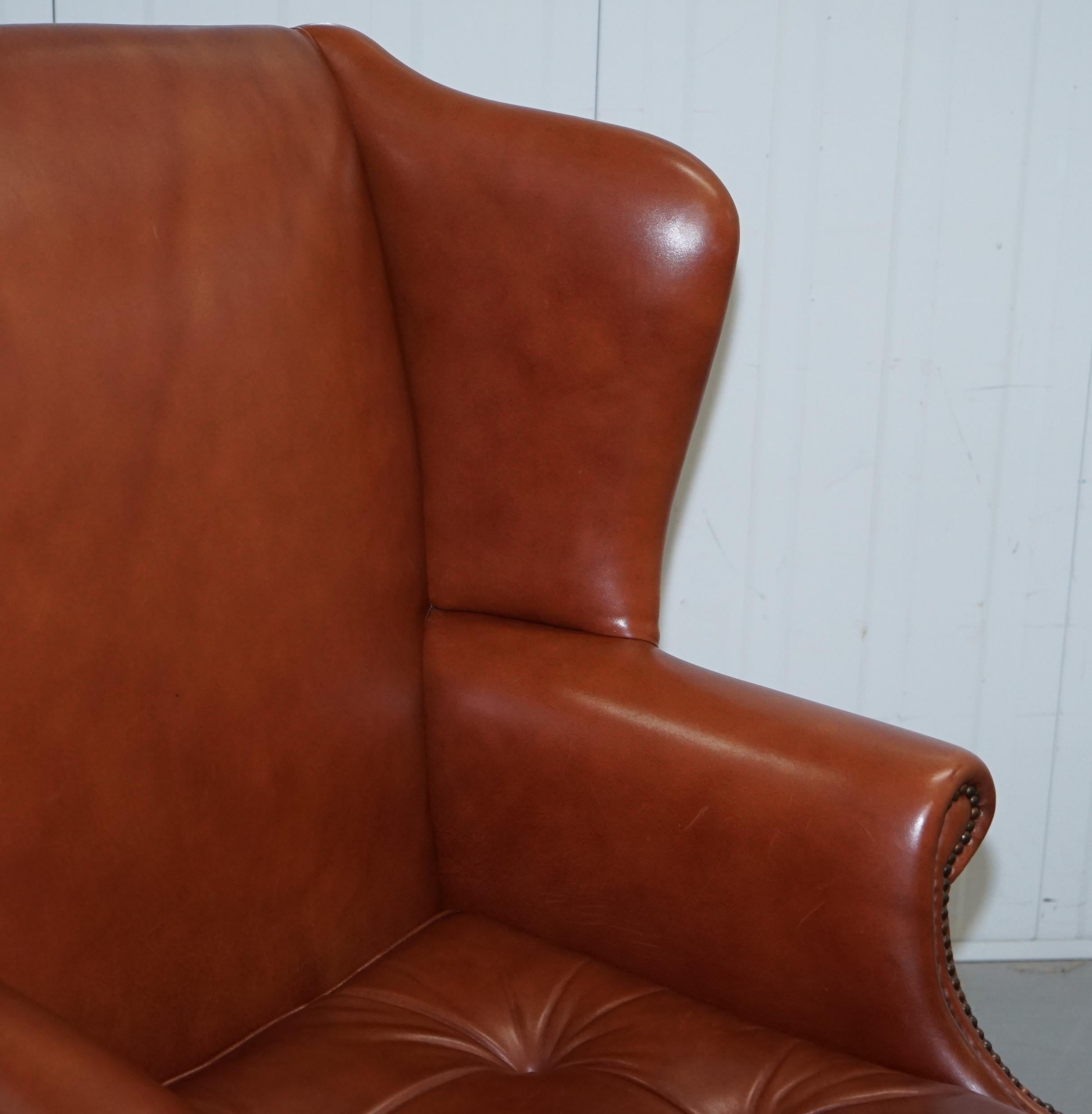 Wingback Brown Leather Armchair Floating Button Chippendale Chesterfield Cushion 6
