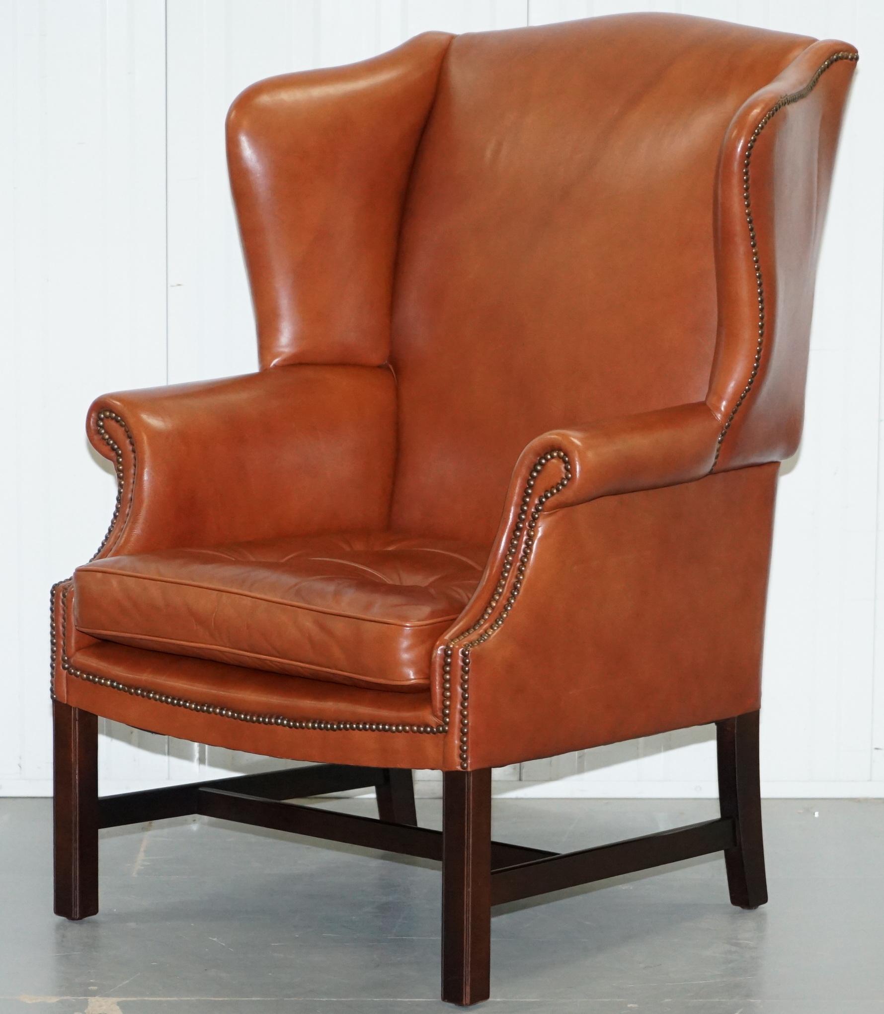 English Wingback Brown Leather Armchair Floating Button Chippendale Chesterfield Cushion