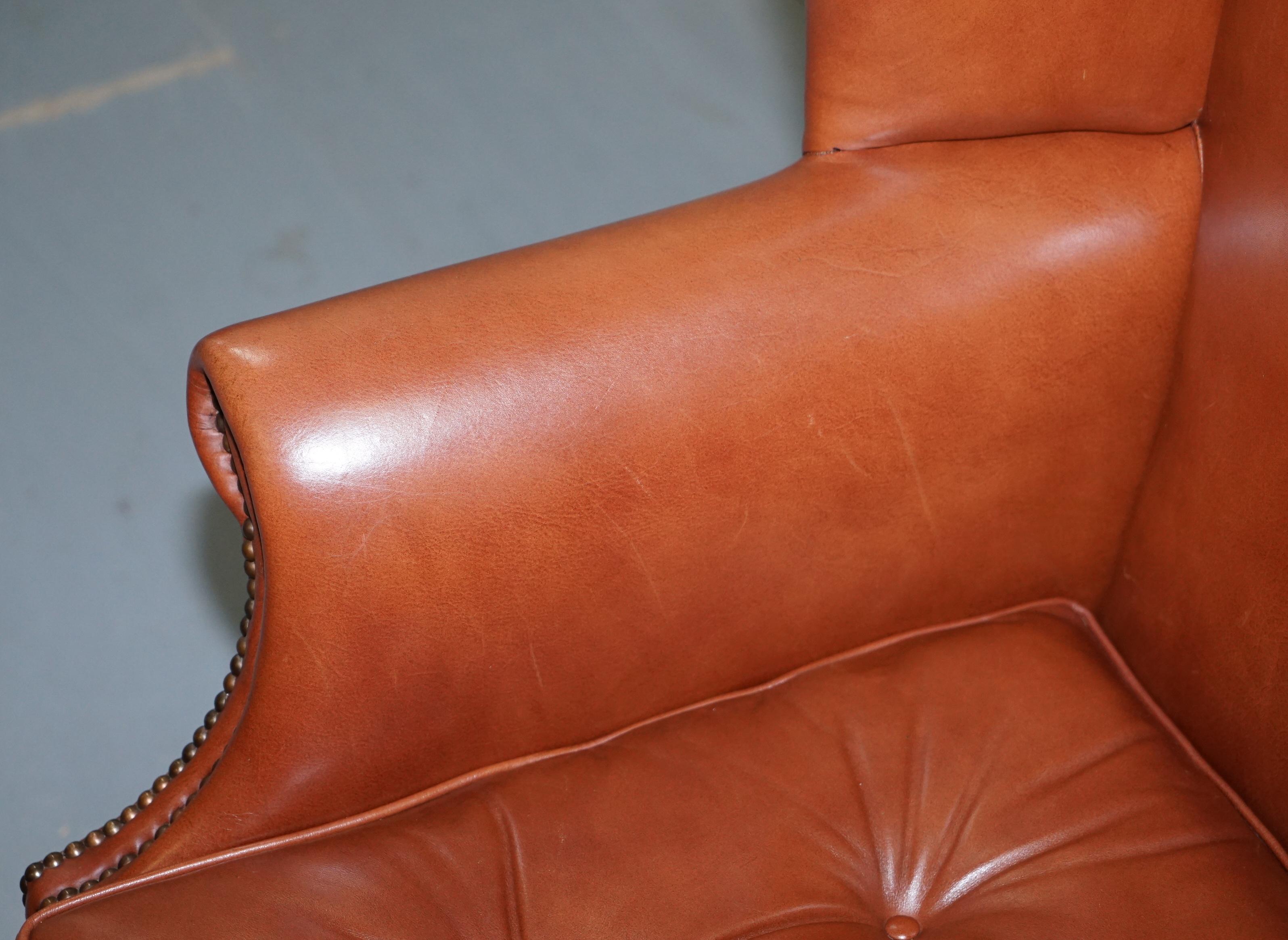 20th Century Wingback Brown Leather Armchair Floating Button Chippendale Chesterfield Cushion