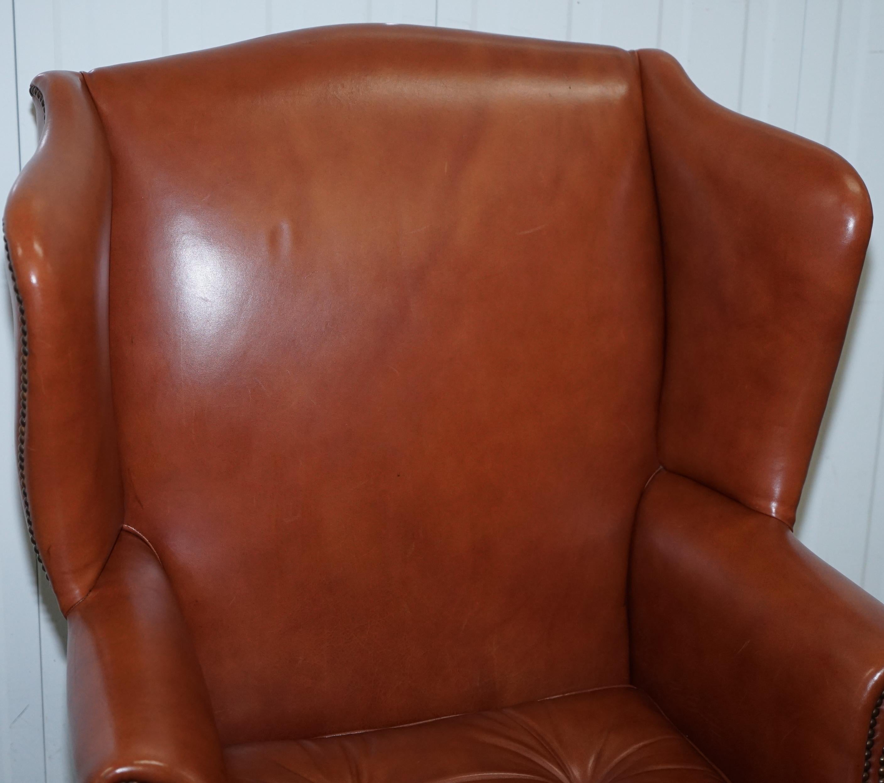 Wingback Brown Leather Armchair Floating Button Chippendale Chesterfield Cushion 2