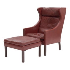 Wingback Chair and Ottoman, Børge Mogensen, Modell 2202/2204, Original Leather
