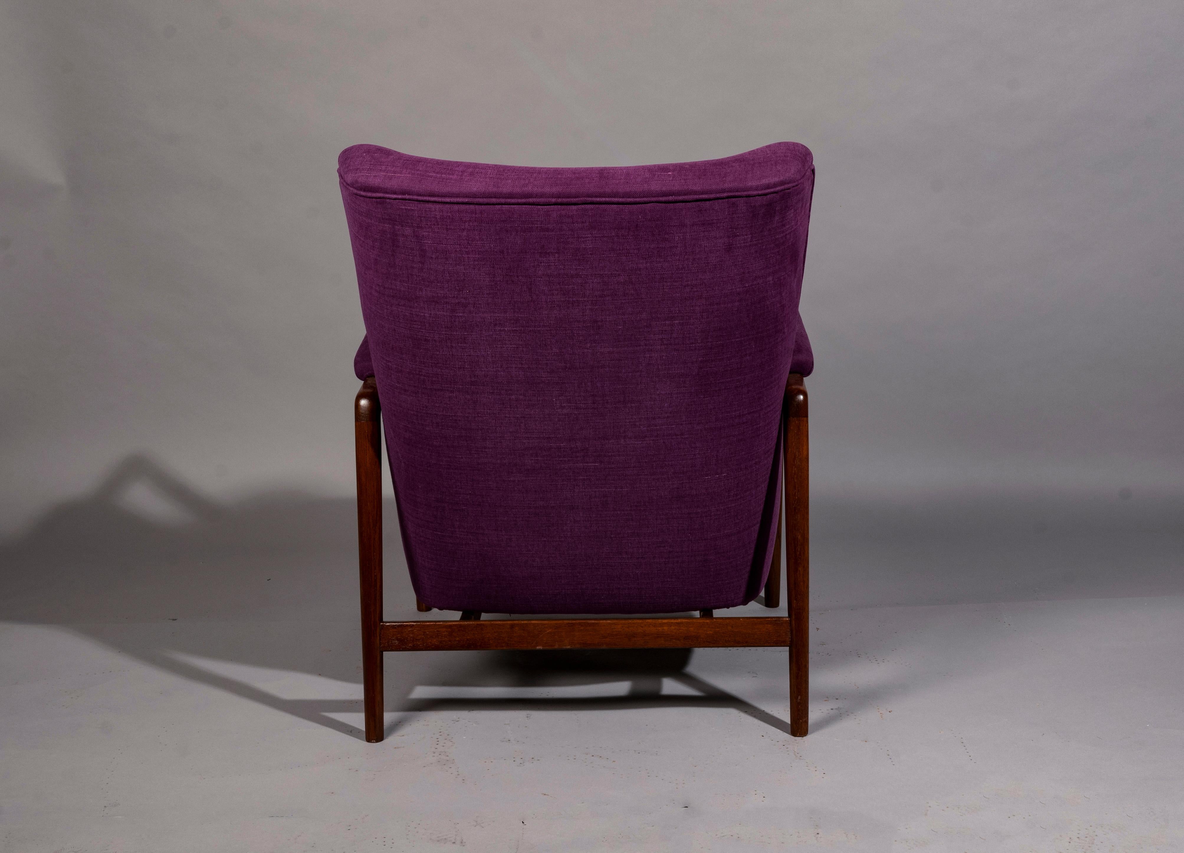 Midcentury lounge chair designed by Kurt Olsen, Denmark 1950s, solid oak frame reupholstered Dominique Kieffer fabric.