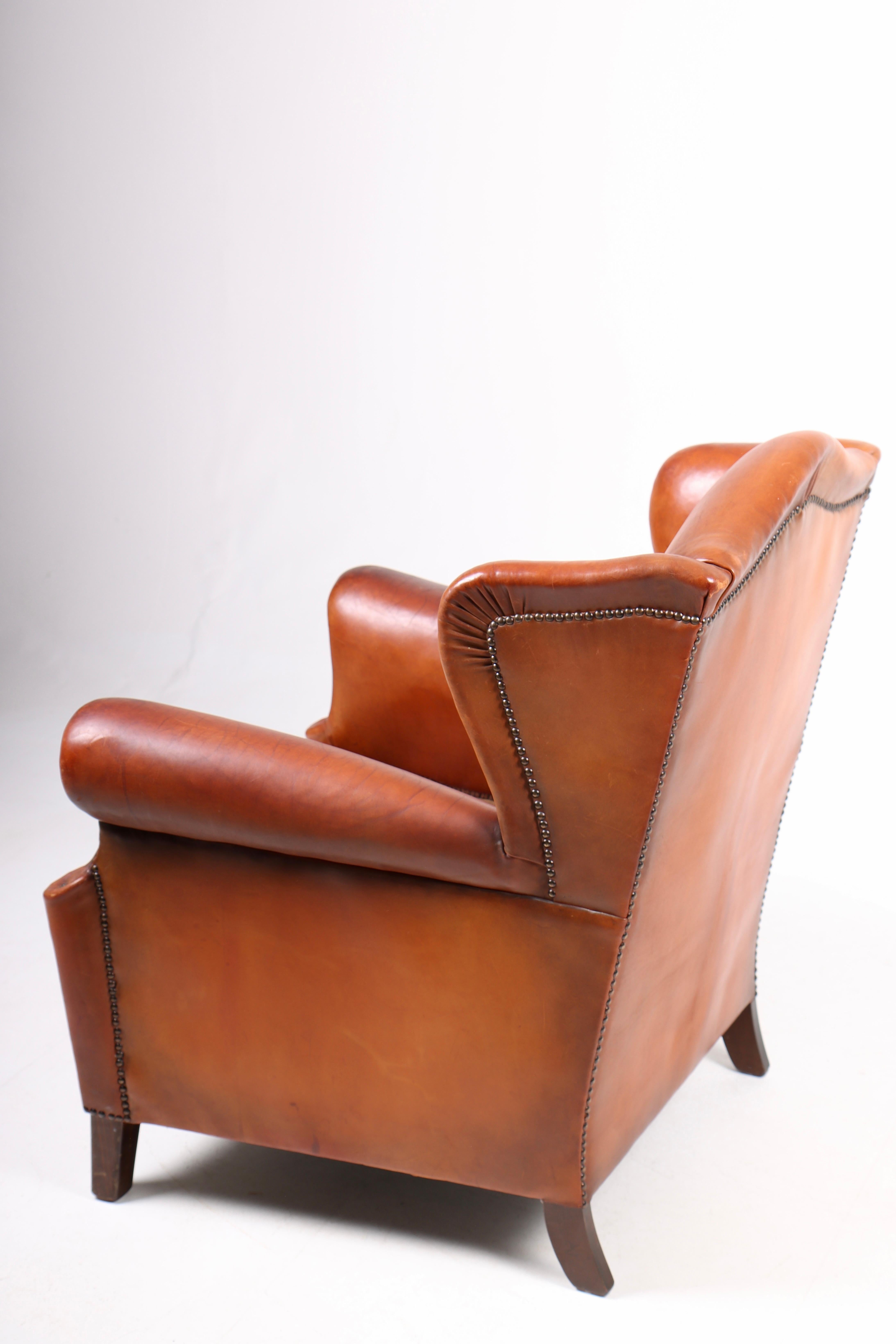 Wingback Chair in Cognac Leather, Denmark, 1940s In Good Condition For Sale In Lejre, DK
